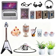 21 Pcs Dollhouse Accessories Miniature Laptop Phone Tiny Miniature Things, Doll House Furniture Decor Living Room Camera Guitar Instrument for Dollhouse Simulation Accessories 1/12 1/6 Sliver