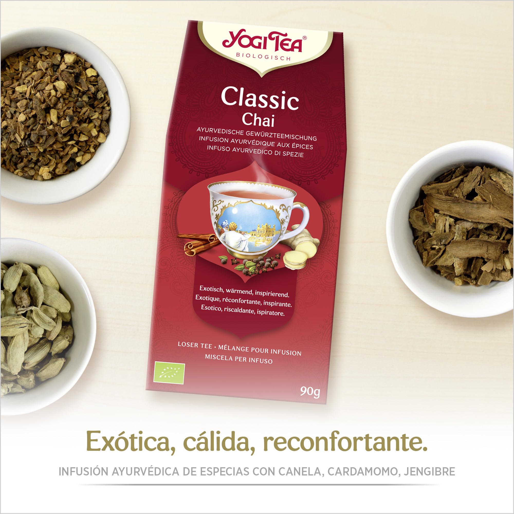 Yogi Tea, Classic Chai, té orgánico de especias y hierbas, sin cafeína, mezcla de canela, cardamomo y jengibre, té suelto, 8 paquetes de 90 g