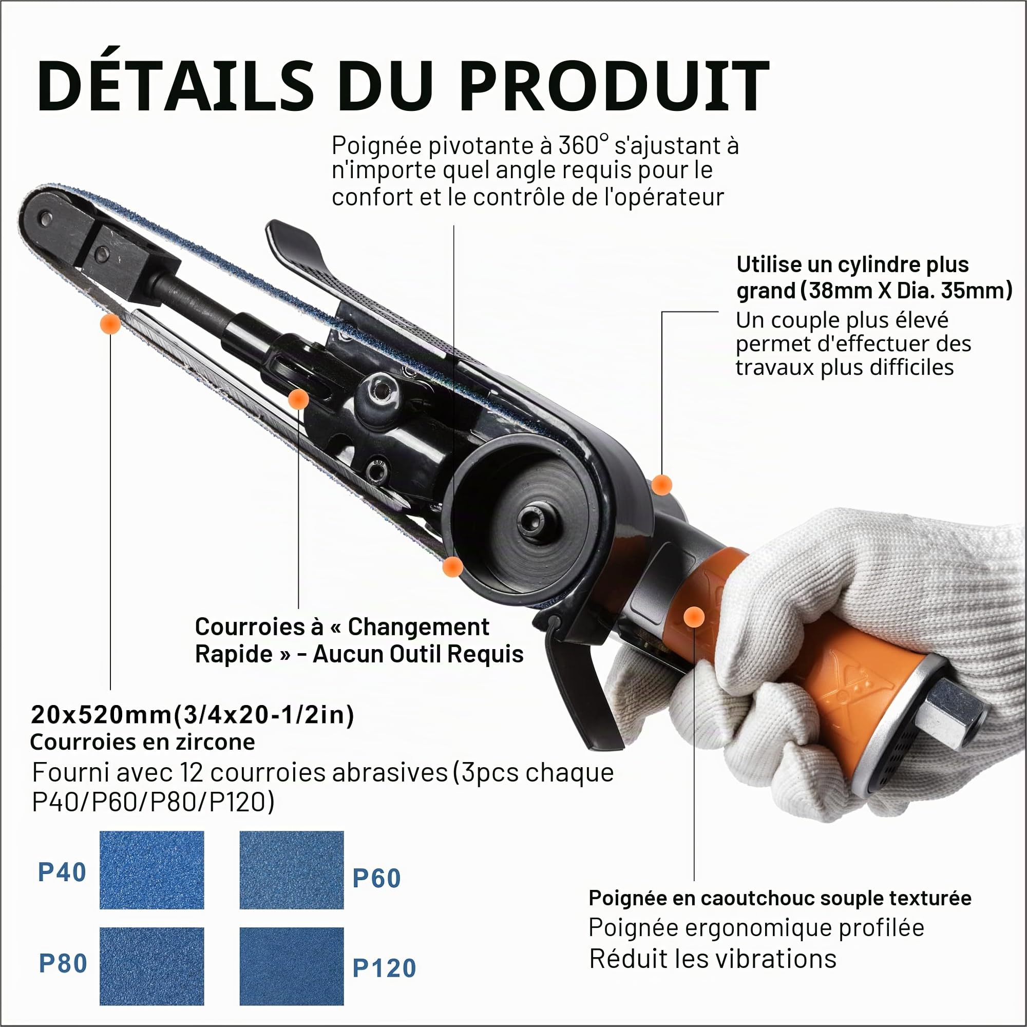 Ponceuse pneumatique à bande 20 x 520mm avec 12 bandes (40, 60, 80, 120), pour l'ébavurage, le ponçage et la finition (ponceuse 3/4 pouce x 20-1/2 pouce)