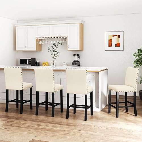 Miniatura 7 de DAGONHIL Juego de 4 taburetes de bar de altura de mostrador de 24 pulgadas modernos con patas de madera negra, cabeza de clavo, silla de bar