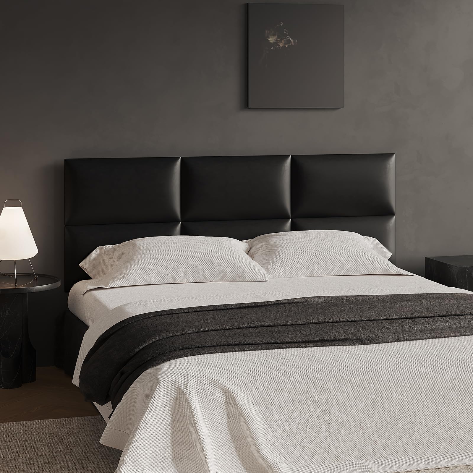 MAQQL Black Stick-On Wall Mounted Headboard - 12-Piece Modular Bed Backboard for Queen Size Beds, 24 x 12 Inches Each, Easy-to-Install Sound-Proofing