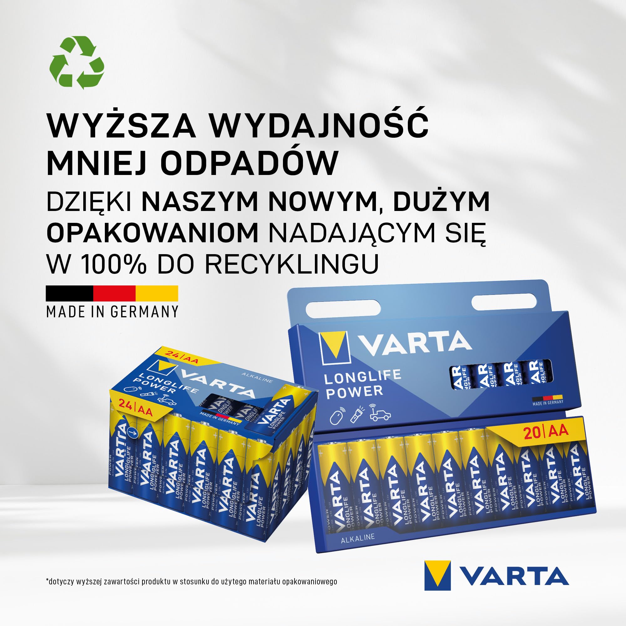 VARTA Longlife Power, bateria alkaliczna, AA, Mignon, LR6, 1,5V, opakowanie 10+10szt., Made in Germany | AA LR6, Made in Germany, bateria do 10 lat, do konsoli do gier, szczoteczki do zębów, myszy lub kontrolera