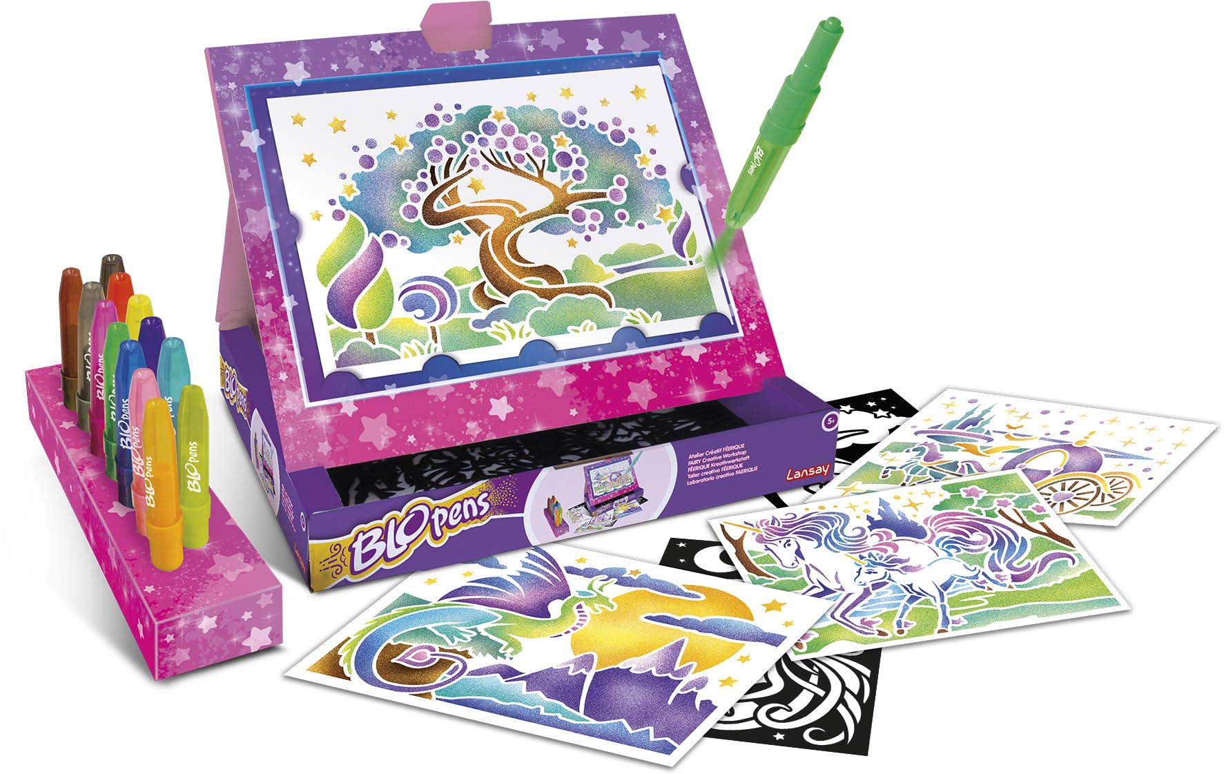 Lansay - BLOPENS - Ma Mallette Univers Fantastique - Feutres Coloriage Enfants À Souffler Dès 5 Ans - Pochoirs Réutilisables - 6 Blopens 6 Pochoirs 6 Feuilles +40 Stickers - Bouchons Lavables