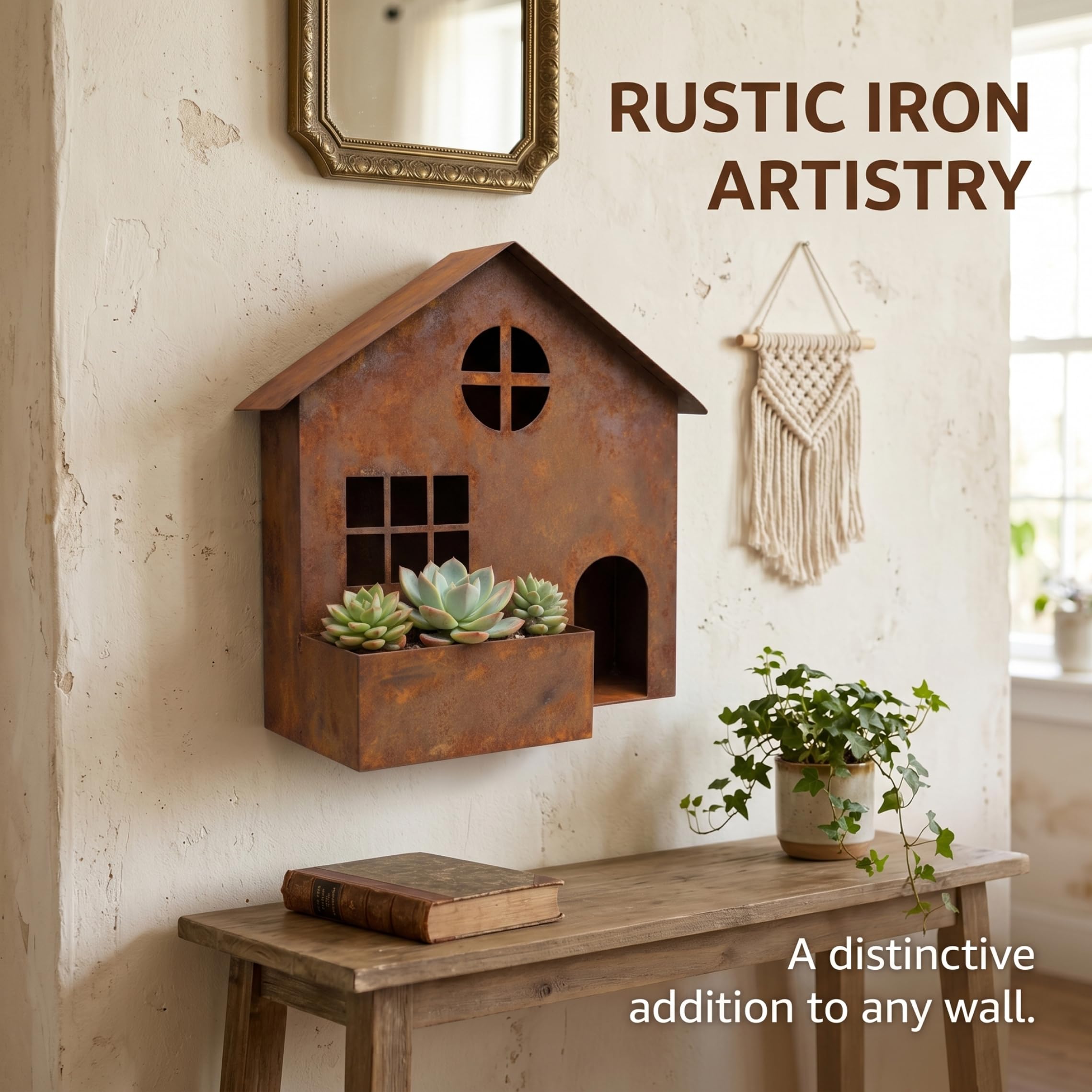 Terrassen-Wanddekoration, 1er-Pack Outdoor-Wandkunst-Vogelhaus aus Metall, Gartendekoration aus verrostetem Eisen und Pflanzgefäß
