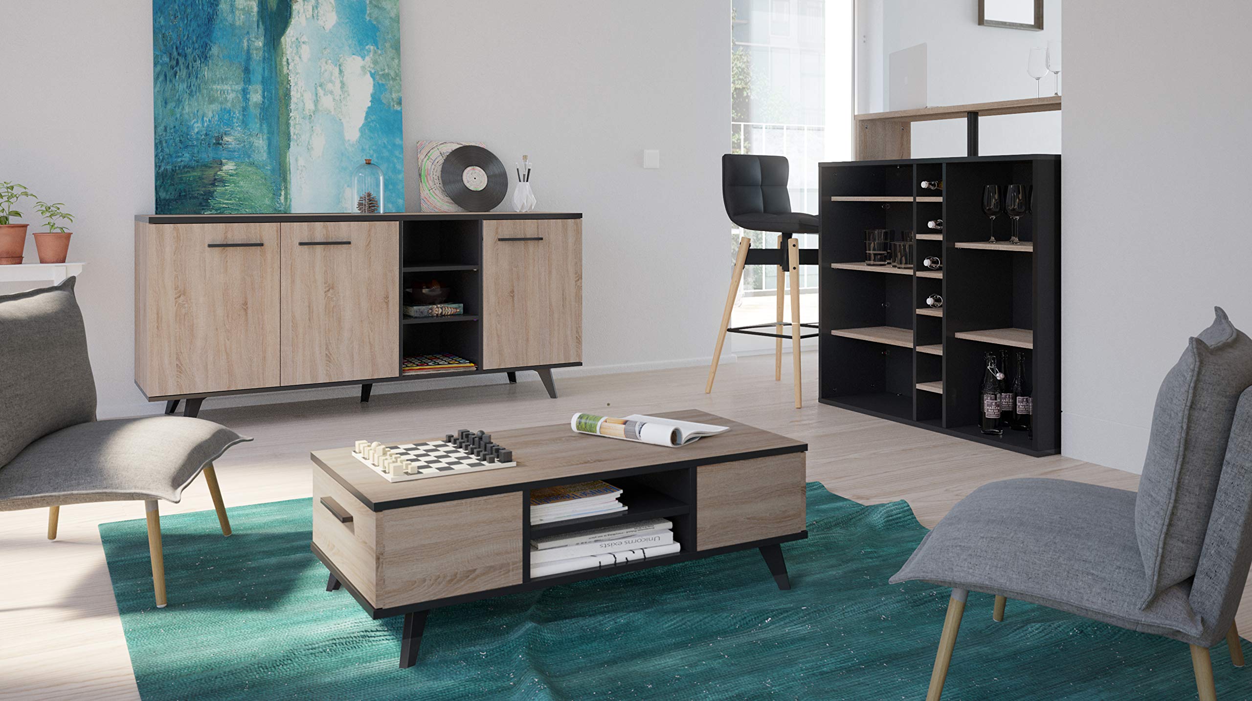 Demeyere Mueble Aparador Salón Comedor Estilo Industrial Color Roble y Negro 151x40x46
