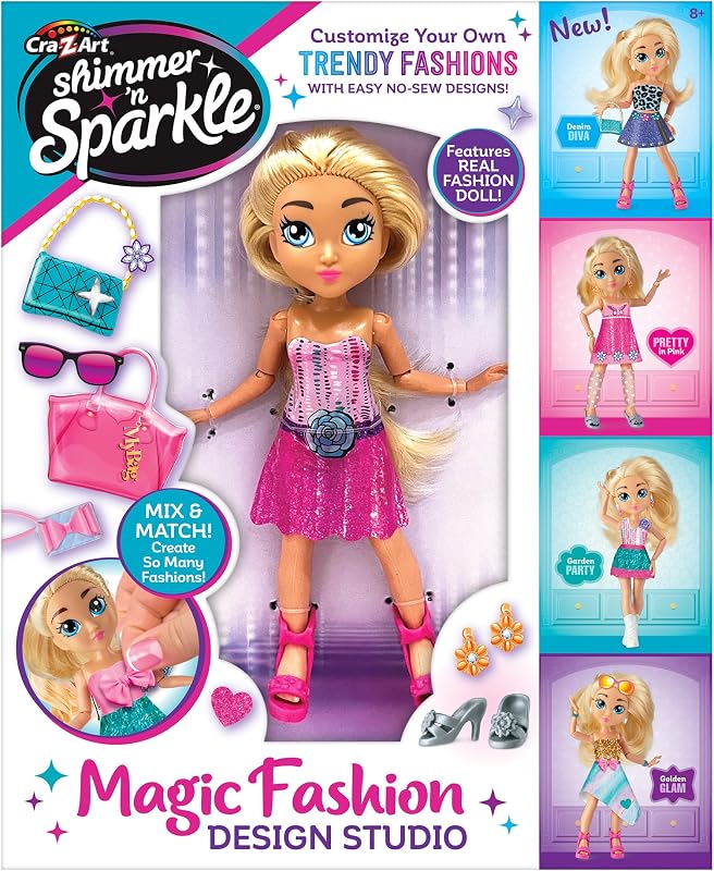 Estudio de muñecas de moda mágicas Cra-Z-Art Shimmer 'N Sparkle | Muñeca de moda incluida, diseños sin nuevos, conjuntos de mezcla y combinación, kit de moda de bricolaje, manualidades