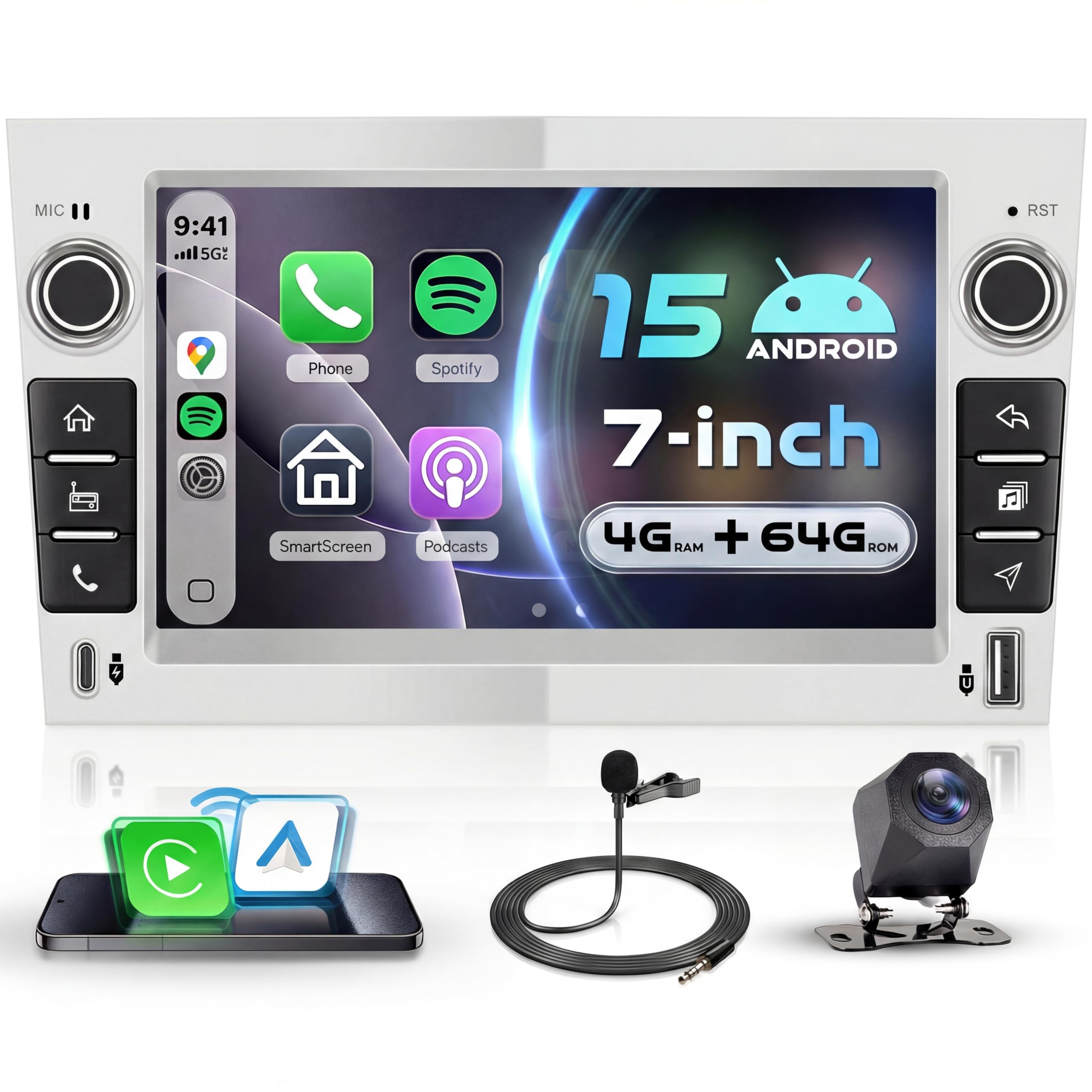 VECHTEL 4G+64G Android 15 Plata Radio Coche para Opel Corsa C/D Zafira B Astra H Meriva Vivaro Signum Combo, 7'' IPS Pantalla con Carplay Android Auto GPS Wi-Fi USB/Tipo-C Bluetooth FM RDS Cámara