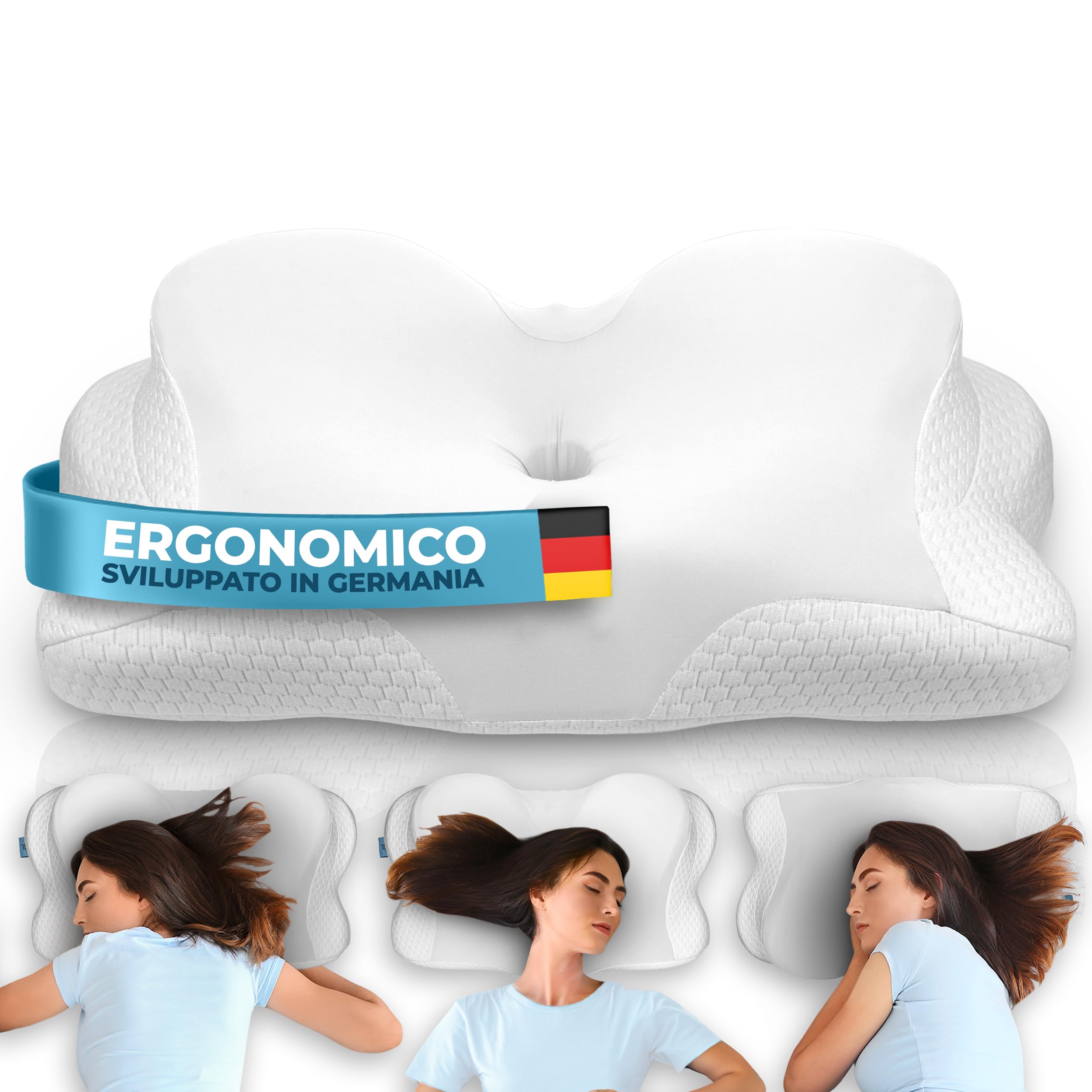 Glückstoff® Cuscino Ergonomico [Nominato al Premio Innovazione Ergonomia] Cuscino Memory Foam | Cuscino Cervicale Ergonomico Rullo Cervicale Cuscino per Dormire su un Fianco Bianco