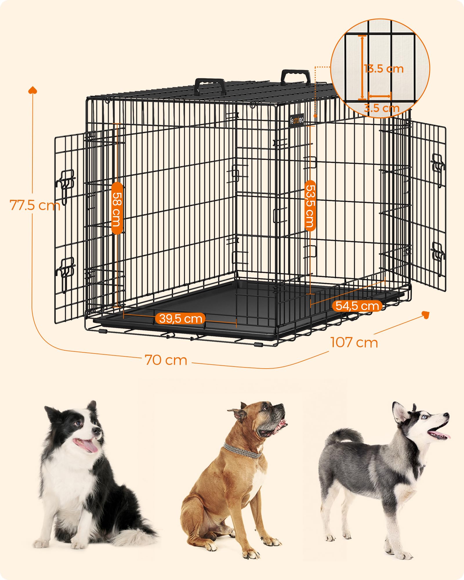 Feandrea Gabbia per Cani Pieghevole, con 2 Porte, Divisorio, Vassoio Rimovibile, 107 x 70 x 77,5 cm, XL, Nero PPD42BK