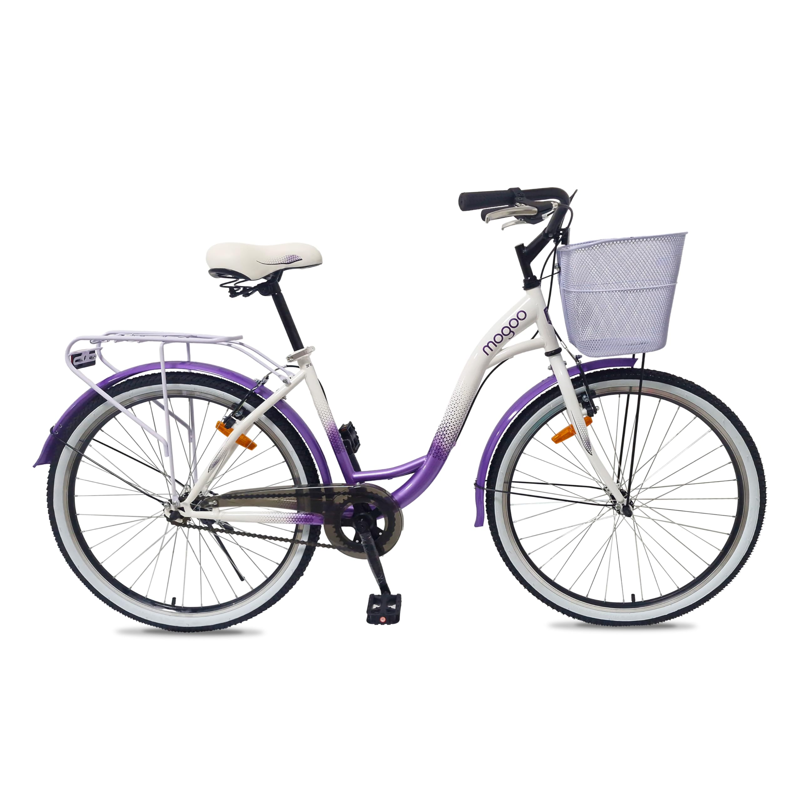 Mogoo Floress City Bike 26"/24" – 1-Speed, Steel Frame, V-Brakes, Lady’s Comfort Design, Rear Carrier, Steel Basket, Double Wall Alloy Rims, Classic Urban Bicycle for Women