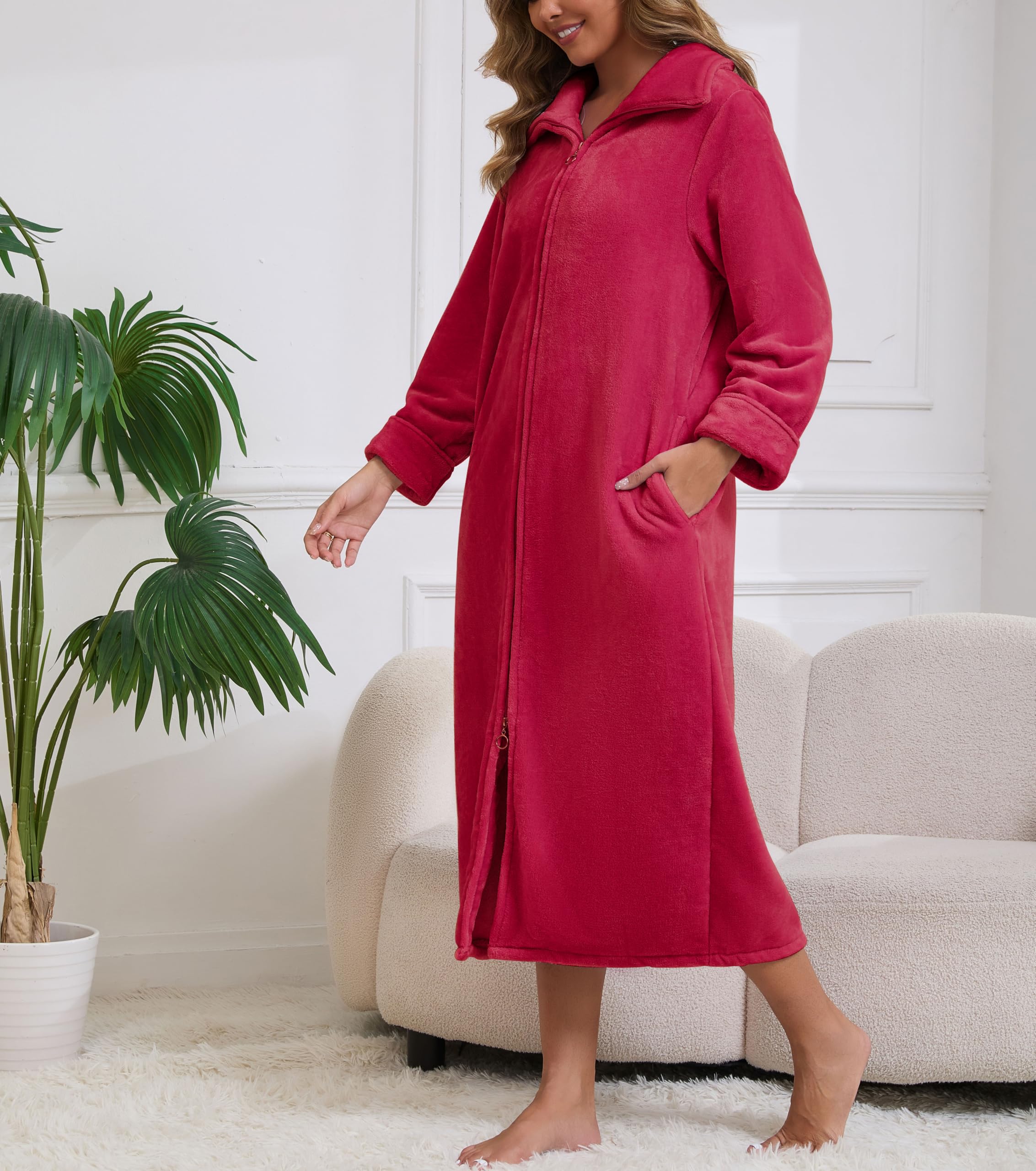 Rubehoow Peignoir en polaire doux et chaud pour femme avec fermeture éclair et poches pour l'hiver