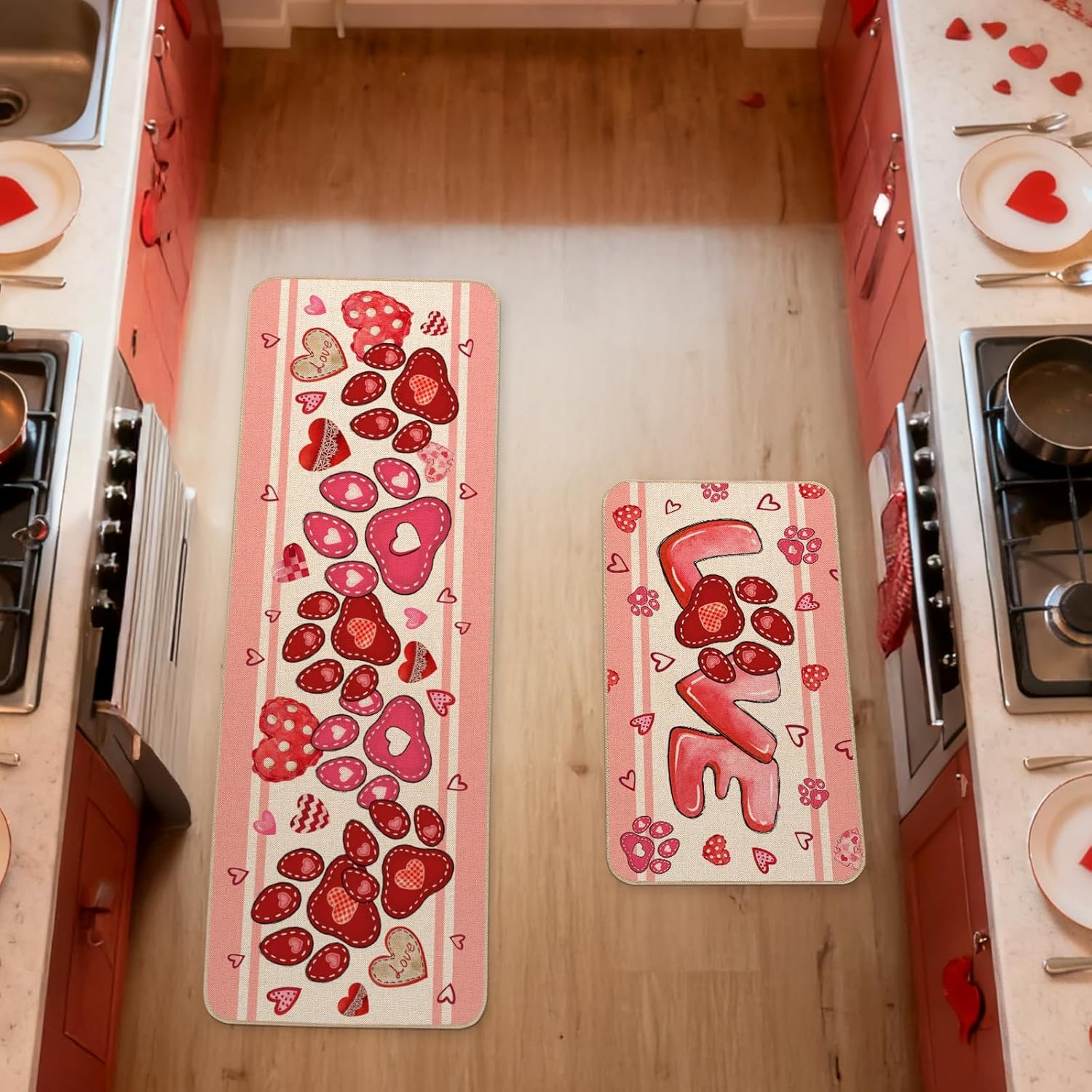 Moutina Love Dog Paw Valentines Kitchen Rugs Set of 2, Valentines Day Home Decor Low-Profile Kitchen Mats for Floor - 17x29 and 17x47 Inch