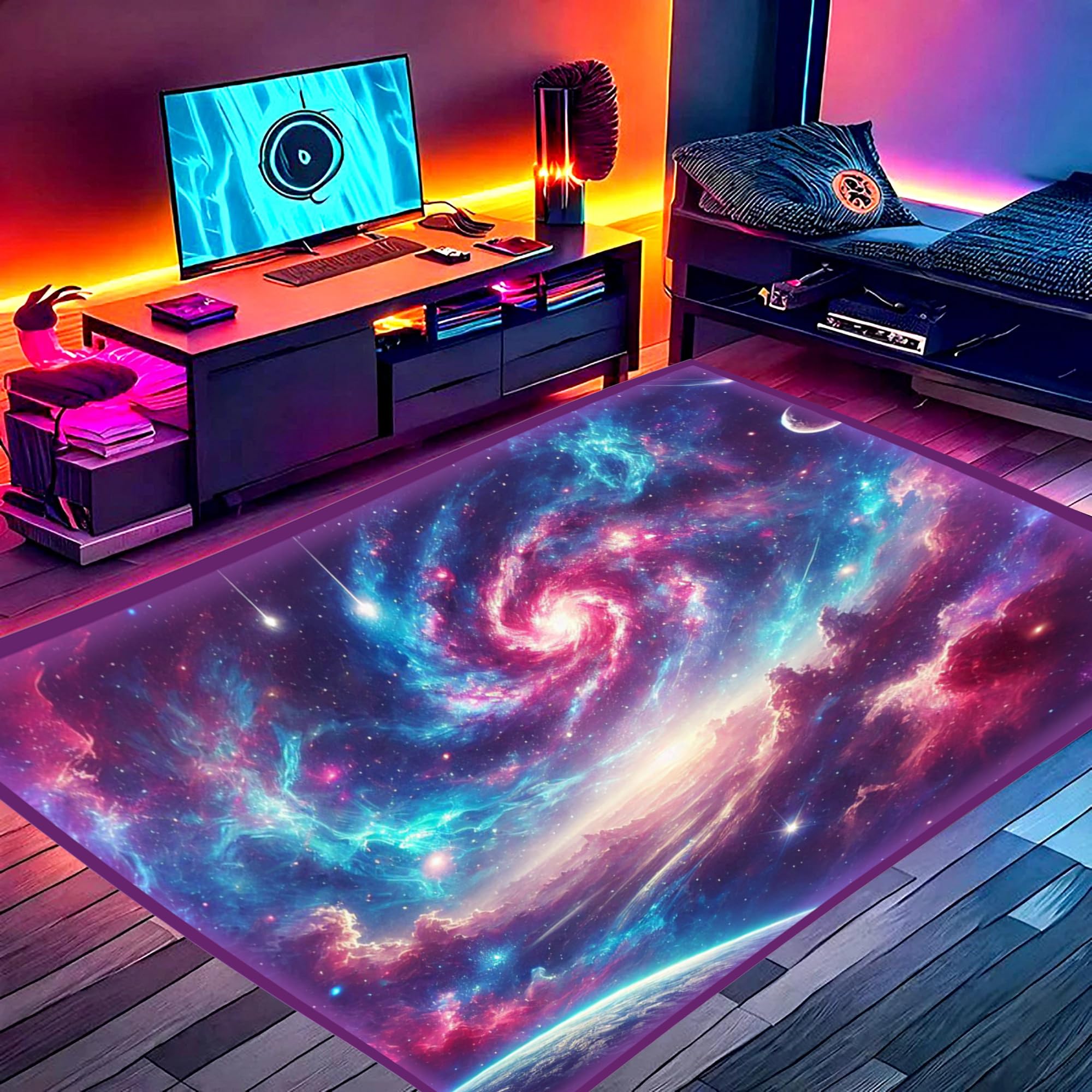 DEALZOOM Gaming Rug RGB LED Light (3x5 Galactic Vortex) - Bedroom Gamer Rug Floor Mat Gaming Decor - Kids Room Rug Anti Slip Mat for Gamer Chair –