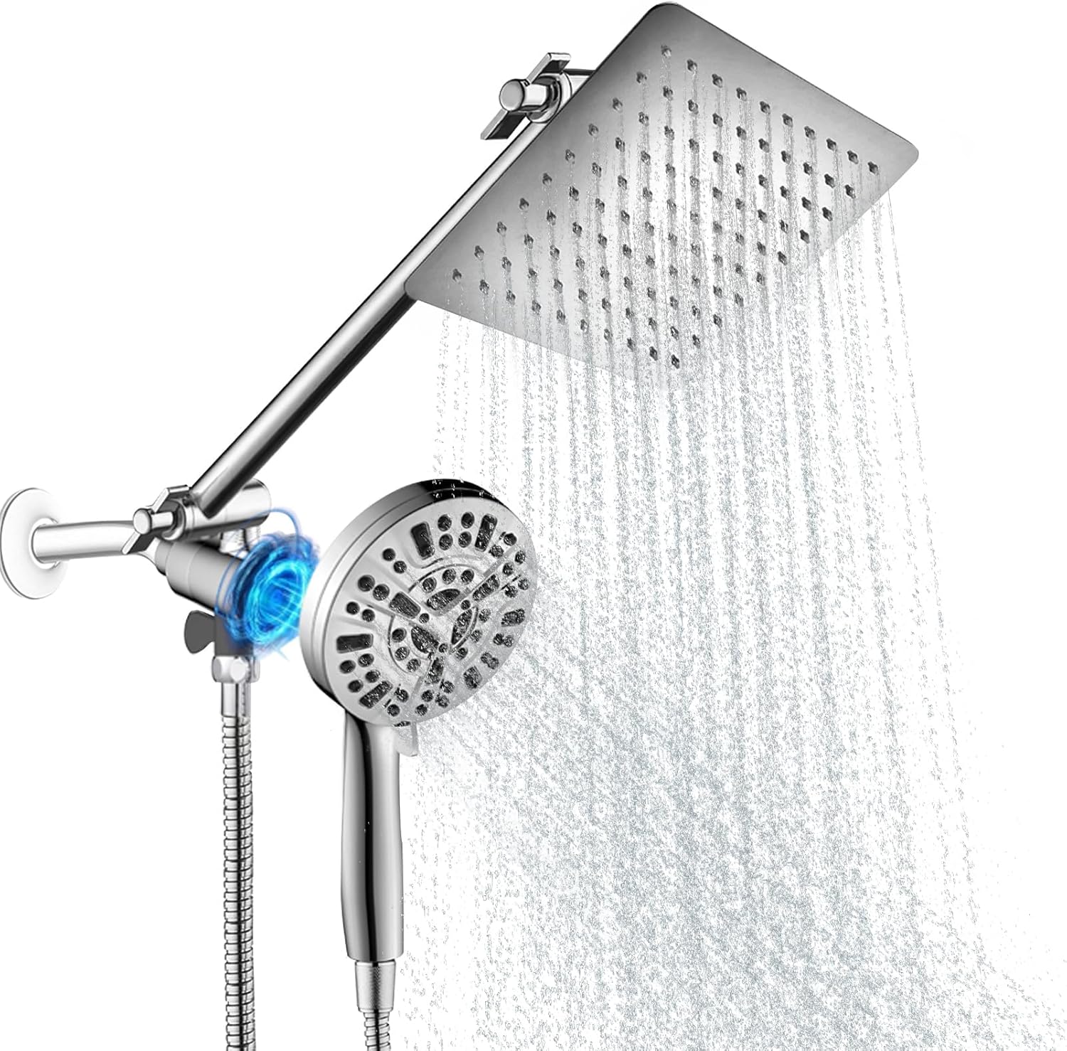 Rain Shower Head，Upgrade Shower Heads with Handheld，Features fixed 12‘’ showerhead and 10 spray handheld shower head. The removable shower head includes a magnetic base and powerful spray
