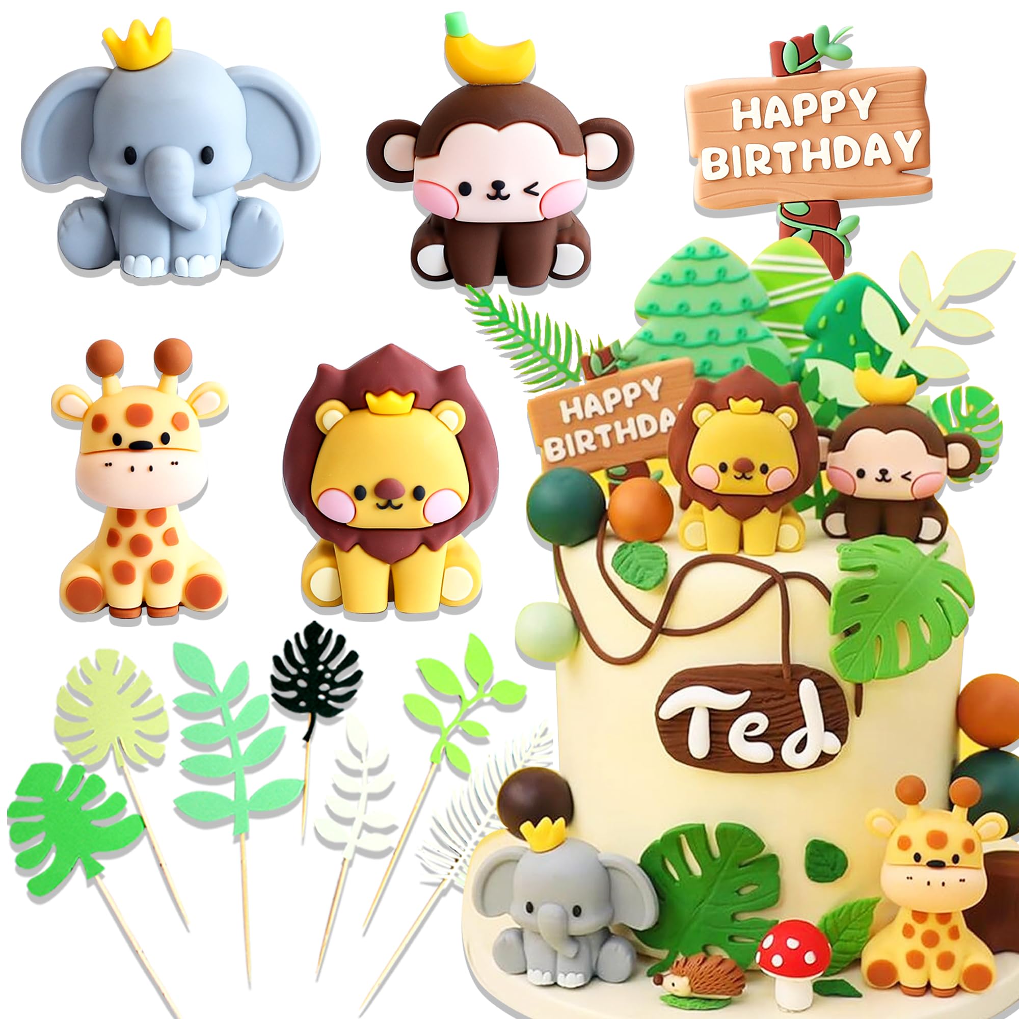 JeVenis Cute Jungle Animals Cake Decorations Wild One Cake Decoration Safari Cake Decoration Giraffe Elephant Lion Tiger Cake Jungle Animals Birthday Party Decoration
