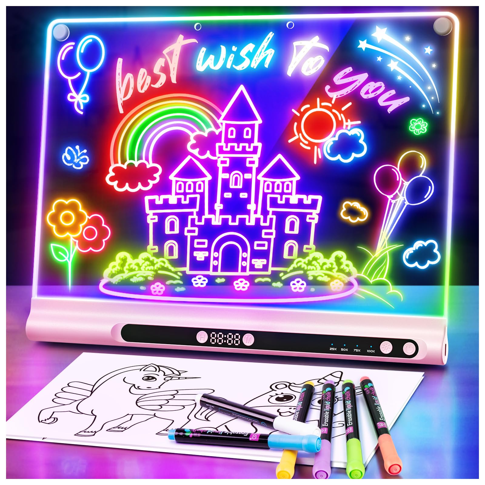 LED-Zeichenbrett Wiederaufladbares 41 cm, 9 Lichtmodi mit Timer, Neon-Trockenlöschtafel mit Ständer, Leuchtendes Schreib- und Notizboard, Geschenk für Kinder/Mädchen, 6 Stifte & Vorlagenbuch, Rosa