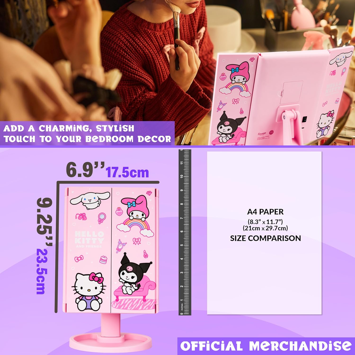 Get Trend Hello Kitty Vanity Mirror with Lights Tri-Fold LED Makeup Mirror 3 Magnification Modes USB Battery Powered Desk Decor Kawaii Gifts for Women