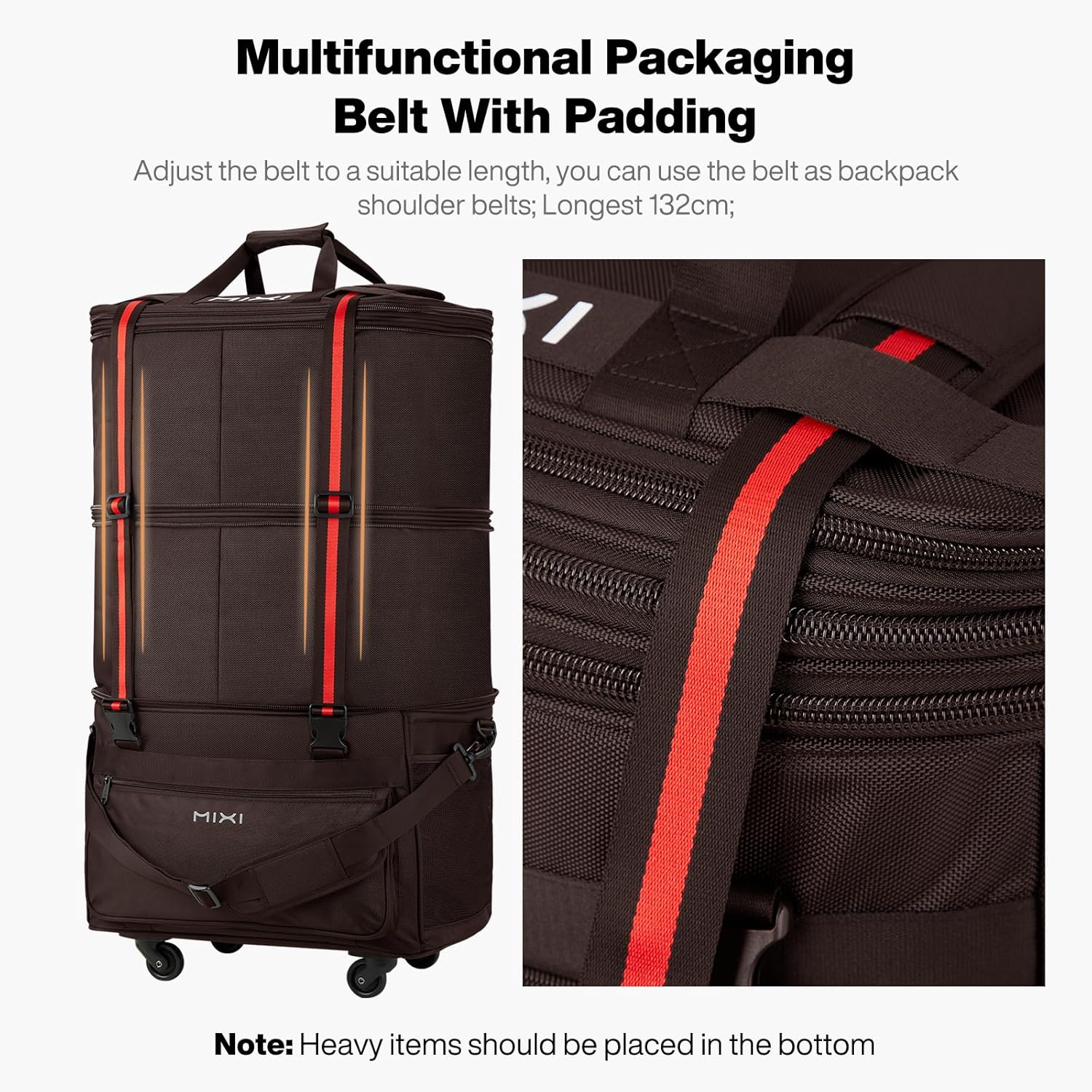 mixi Travel Bag with Wheels Expandable Foldable Luggage Bag Collapsible Rolling Travel Duffel Bags Large Capacity Suitcase for Men Women, Brown - Image 3