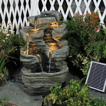 6-Tier Solar Water Fountain Outdoor, 24.4 H Cascading Rock Feature Garden Fountains and Waterfalls with Light, Pump, Solar Panel for The Patio, Deck, Porch, Backyard Home Decor, Stone Gray