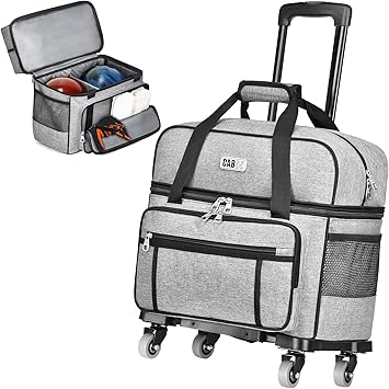 CAB55 2 Ball Bowling Bag with 4 Wheels, Double Bowling Ball Bag with Separate Shoe Compartment, Up To US Men Size 16, and Multiple Multifunctional Accessory Pockets