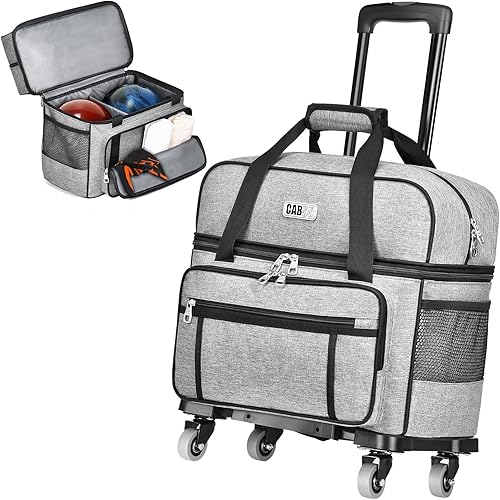 CAB55 2 Ball Bowling Bag with 4 Wheels, Double Bowling Ball Bag with Separate Shoe Compartment, (Up To US Men Size 16), and Multiple Multifunctional Accessory Pockets