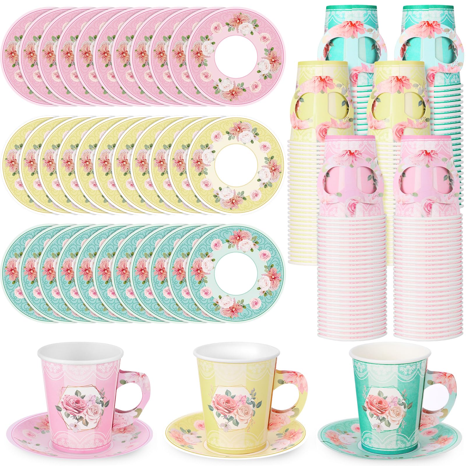 Zopeal 150 Pcs Tea Party Decorations 9 oz Paper Tea Cups and 5 Inch Plates Disposable Cups with Handle Floral Paper Saucers Sets for Birthday Wedding