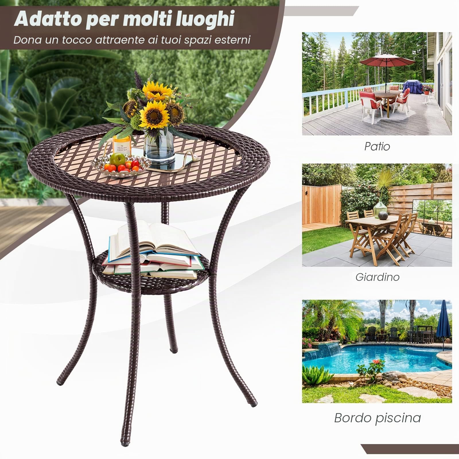 GIANTEX Tavolino da Giardino Rotondo in Rattan e Vetro a 2 Ripiani | Tavolo d'Appoggio Esterno Resistente alle Intemperie, Portata 35 kg, per Piscina Patio Balcone, 64 x 71,5 cm