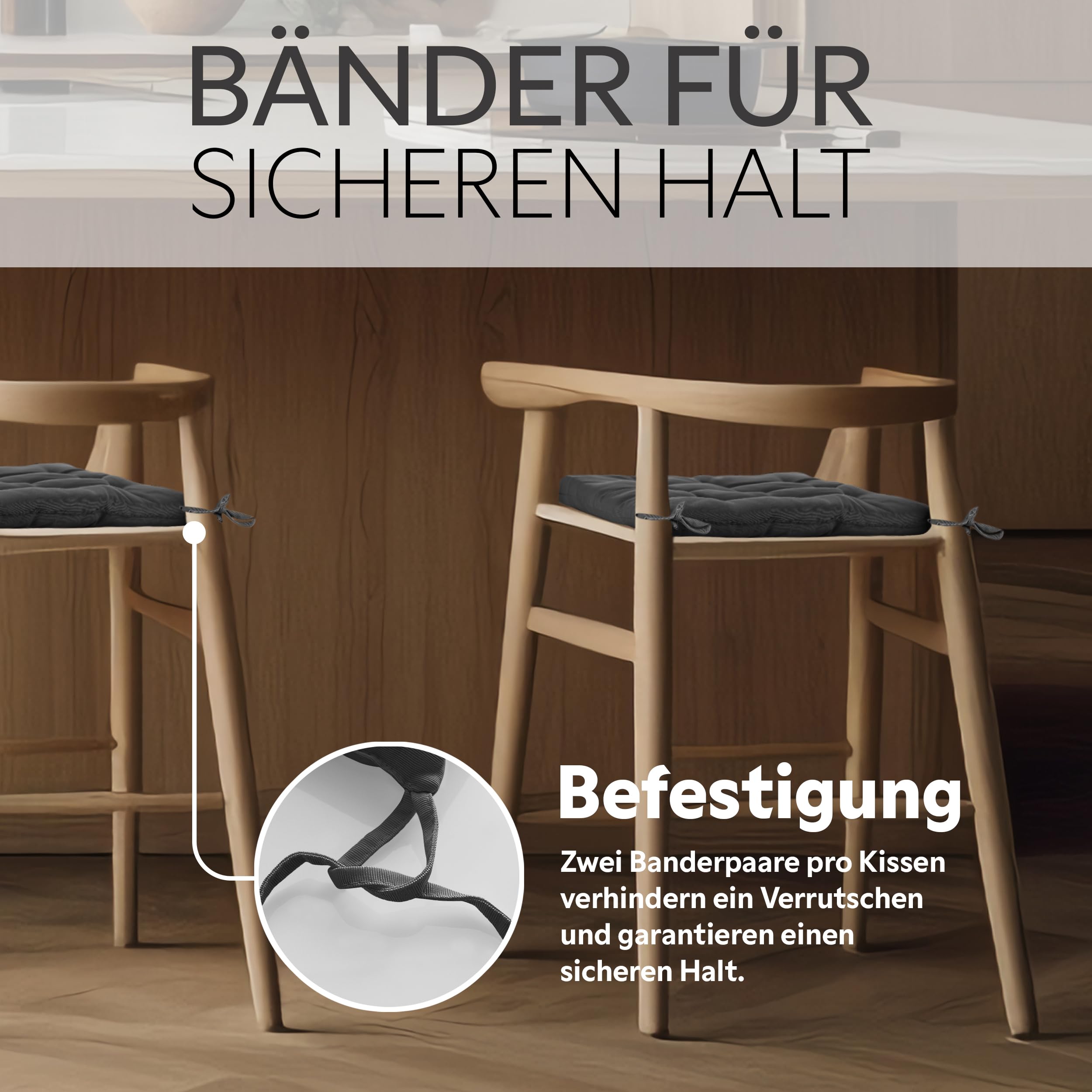 Brandsseller 6er Set Stuhlkissen 40x40x5 cm Sitzkissen Polster Stuhlauflage mit Haltebändern Dekokissen für Indoor Outdoor gesteppt - Anthrazit