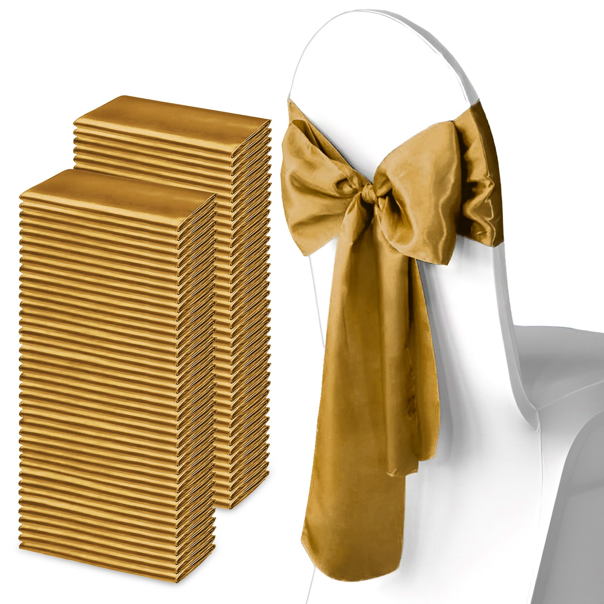 Trimming Shop Gold Satin Chair Sash Wider Fuller Bows Chair Sashes Hammed Edges Bow Back Tie for Wedding Birthday Party Banquet Event Decoration, 100pcs