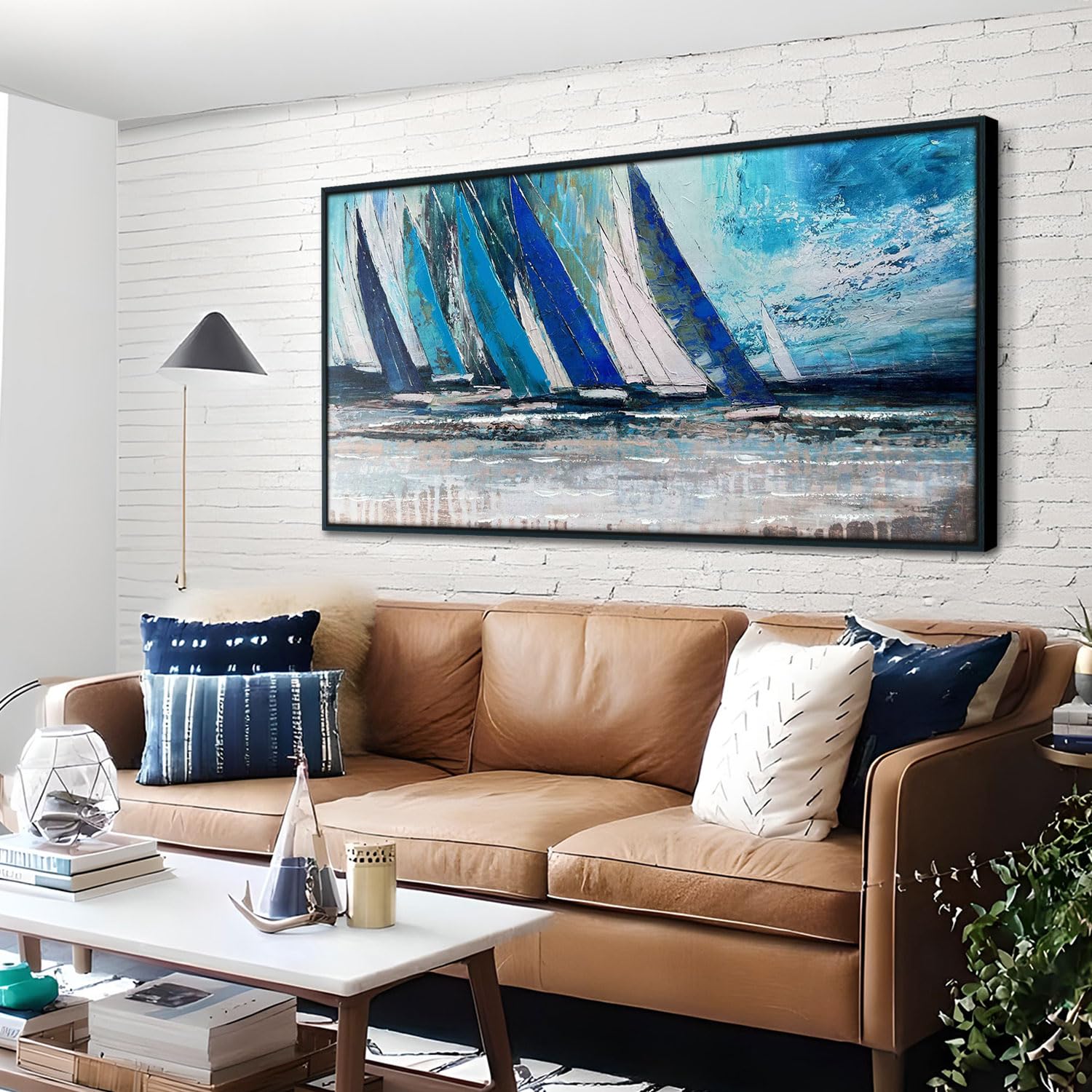 Arjun Framed Wall Art Blue Large Sailboat, Nautical Abstract Canvas Painting for Living Room 40"x20", Teal Coastal Picture Artwork Bedroom Home Office