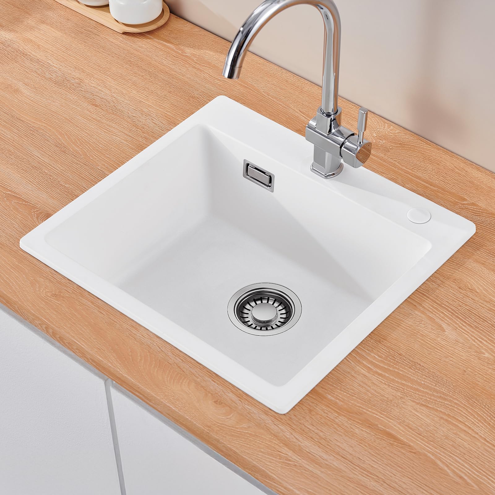 CECIPA Fregadero de cocina de 50 x 45 cm, 80% arena de cuarzo de granito, 1 lavabo empotrable, incluye sifón y sobre