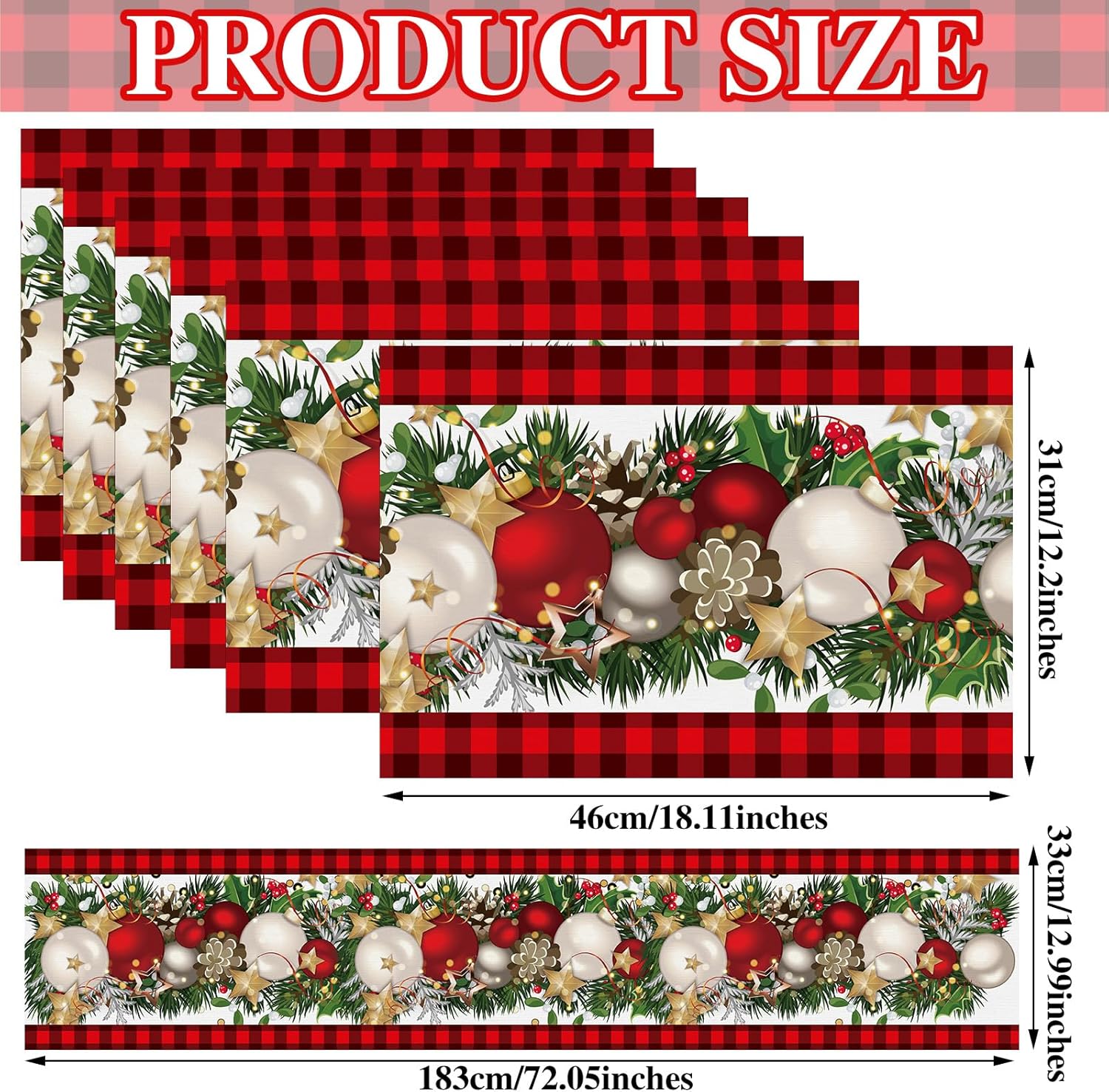 VitalCozy 7 Pcs Christmas Table Runner and Placemat Set 72 x 13 Inch Buffalo Plaid Runner Xmas Poinsettia Table Mat for Holiday Kitchen Dining Decoration(Plaid,Red Black)
