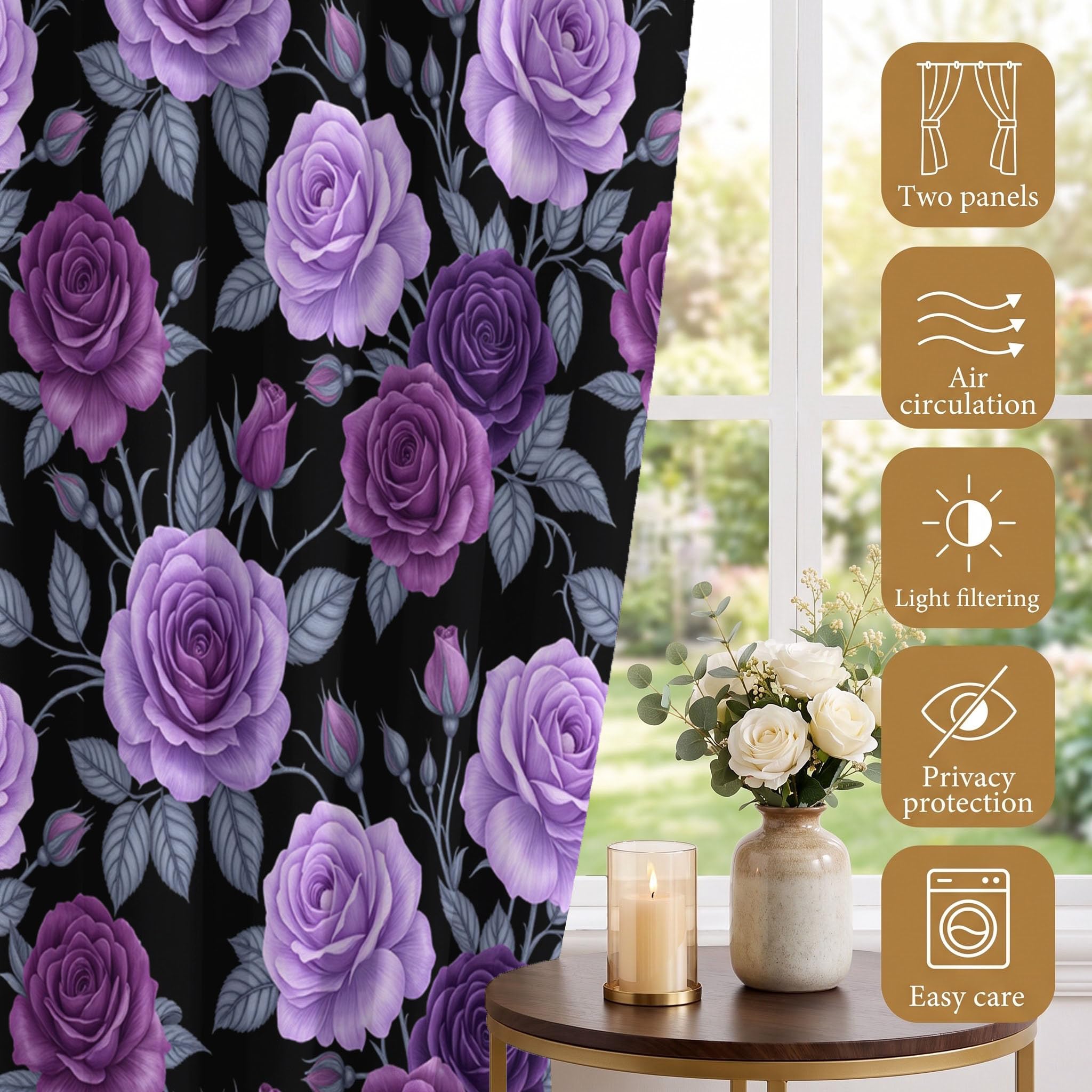 Cortinas Opacas Térmicas Decorativas Tema De La Rosa Gótica | Flores Oscuras En Acuarela 2 Piezas 140Anx240Al Cm, Cortinas De Privacidad para Ventanas De Sala De Estar, Púrpura