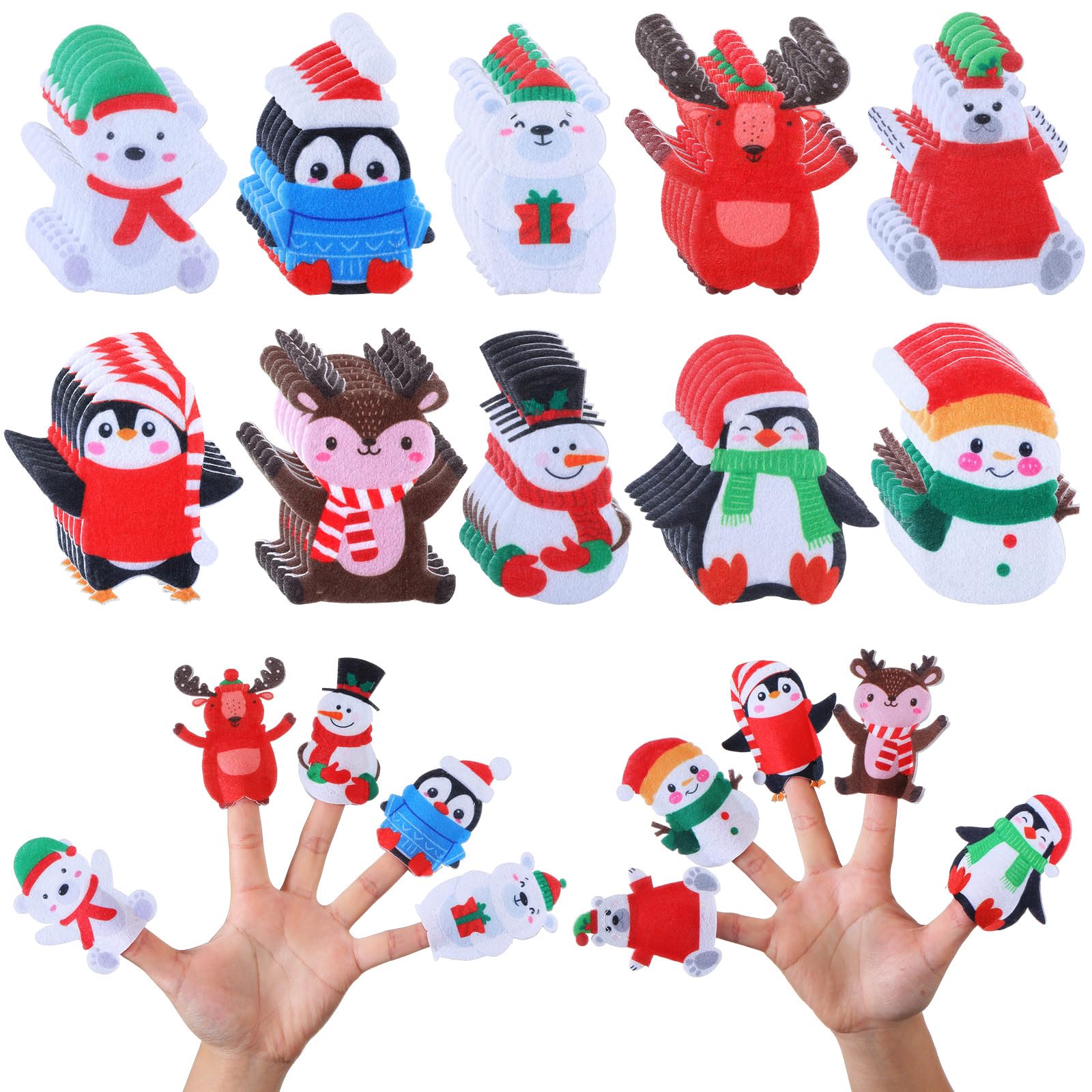 Honoson 60 Pcs Christmas Finger Puppets for Kids Winter Felt Puppets Toys Bulk Snowman Reindeer Penguin Polar Bear Finger Puppets for Toddler Winter Party Favor Educational Supplies Xmas Gift