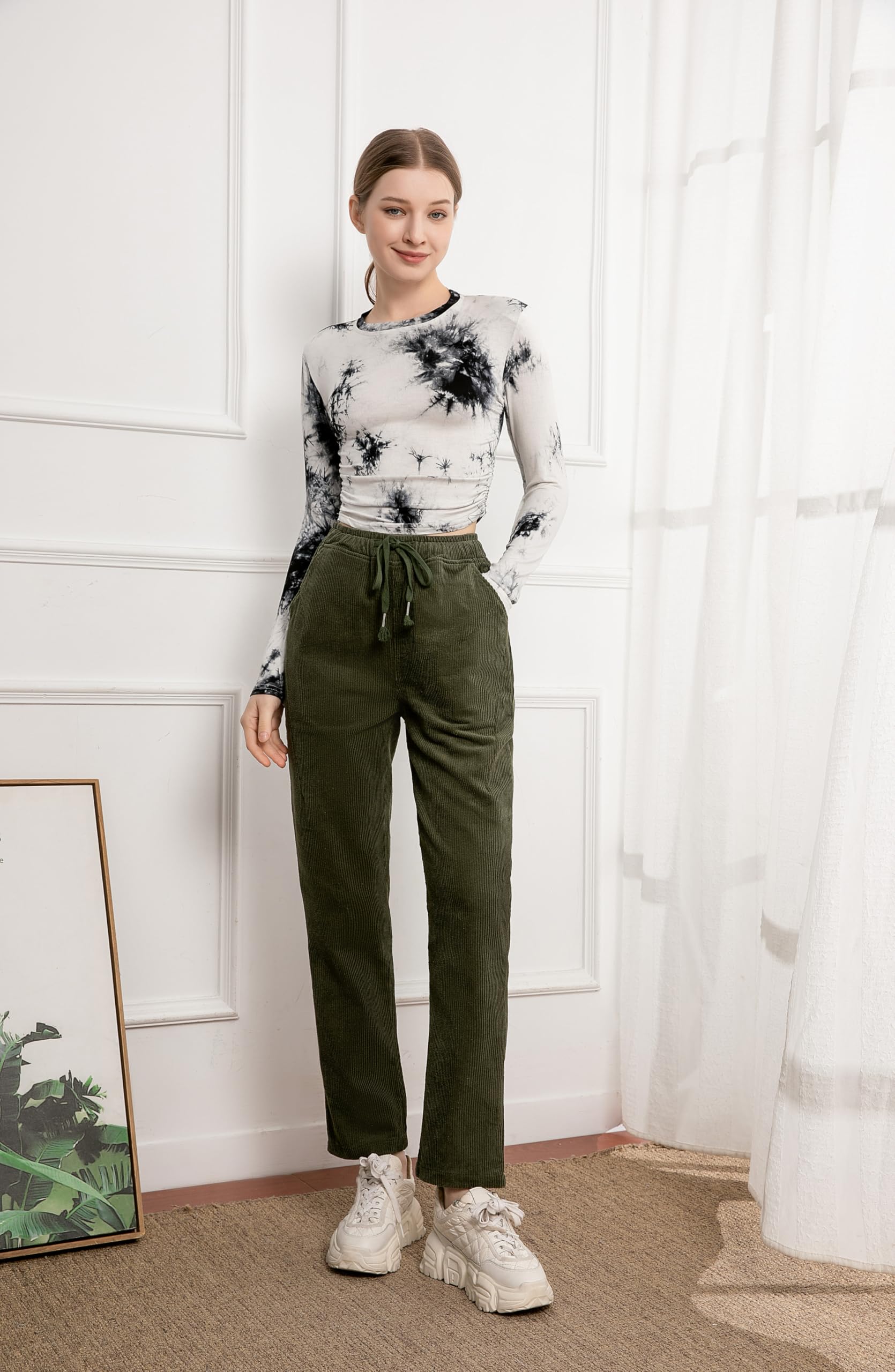 Minibee Women's Casual Corduroy Pants Comfy Pull on Elastic Waist Trousers Drawstring Cotton Pants