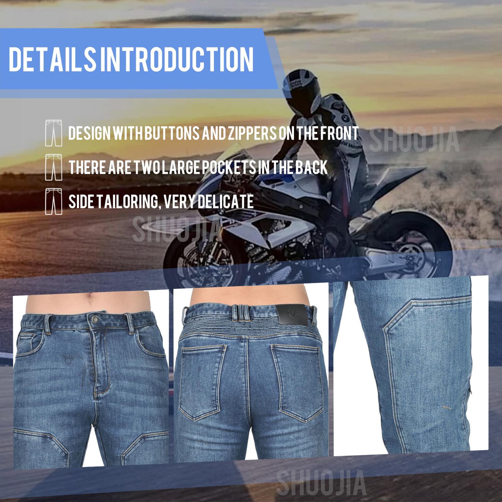 Uomo Moto Pantaloni Jeans Rinforzano Pantaloni da Moto da Ciclismo Jeans da Motociclista Elasticizzati con 4 Protezioni (Blue-B,3XL)