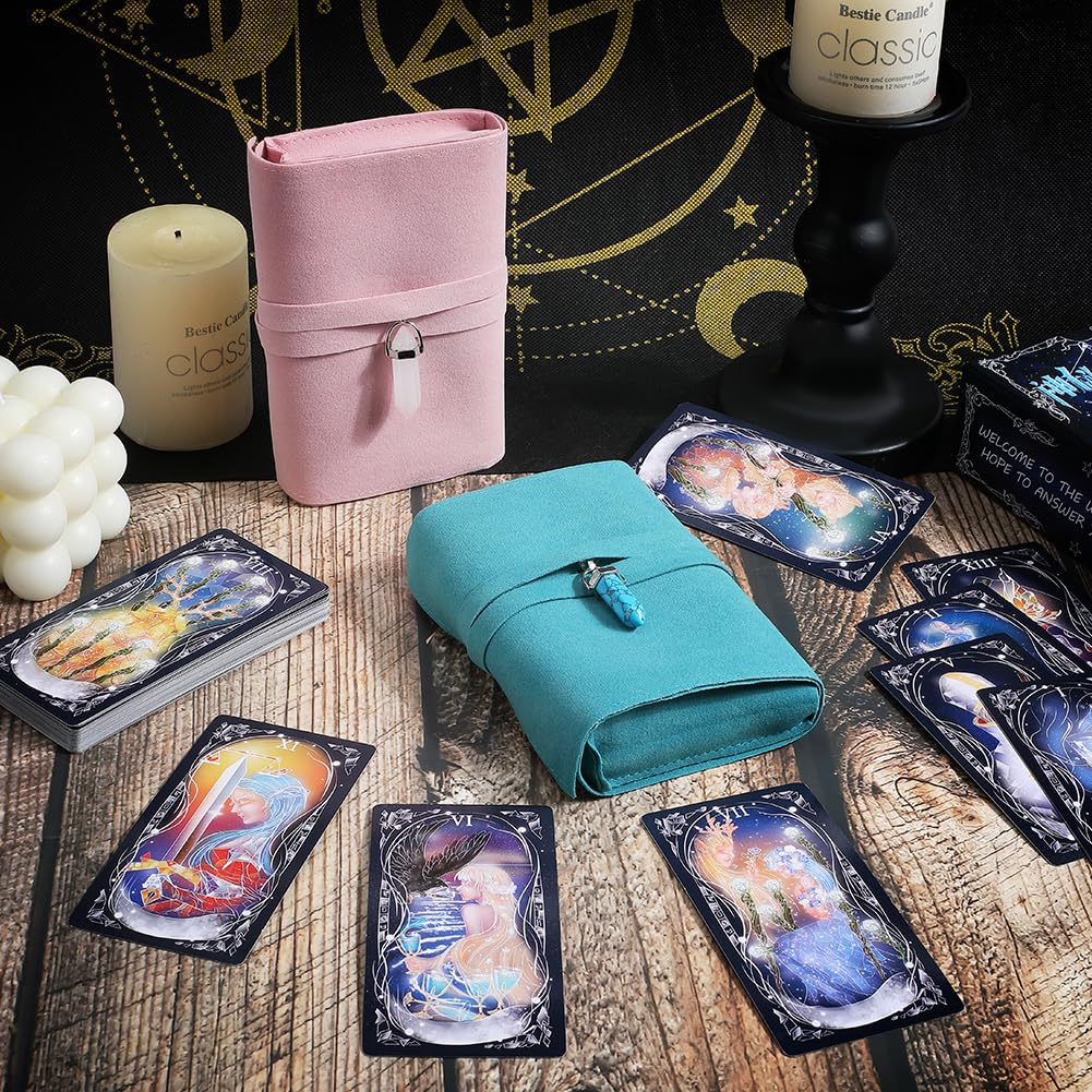 CREATCABIN 2Pcs Tarot Cards Holder Tarot Card Storage Bags with Pendants Velvet Tarot Card Pouches Tarot Desk Wrap Tarot Carrying Bag for Beginners Witchcraft Supplies Oracle Decks Pink Blue 5x1x3Inch - Image 3