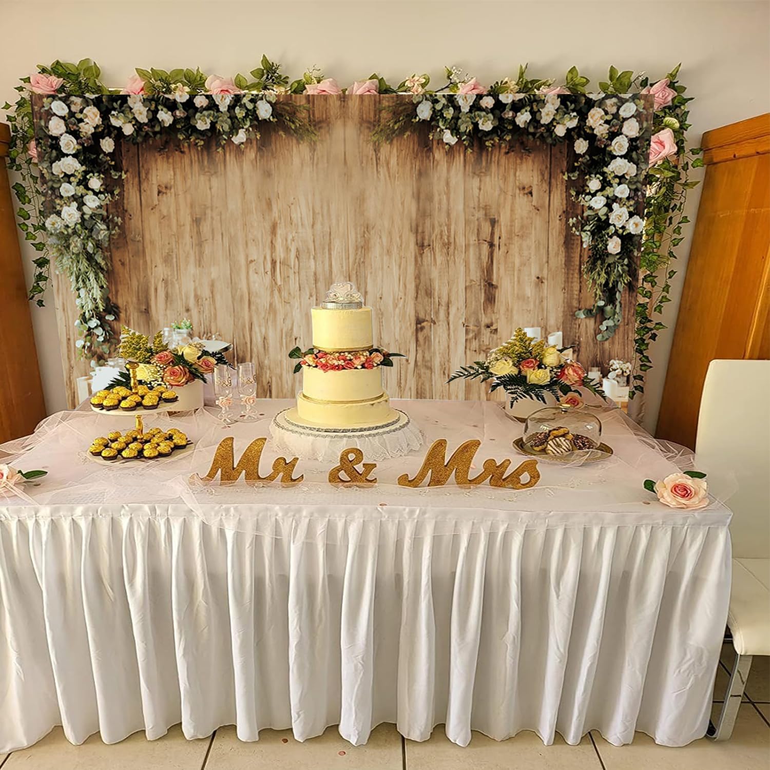 Hochzeitshintergrund, 30 x 160 cm, weiße Blumen, aus Holz, Junggesellinnenabschied, Fotohintergrund, Braut und Bräutigam, Verlobte Zeremonie, Jahrestag, Hochzeit, Mottoparty