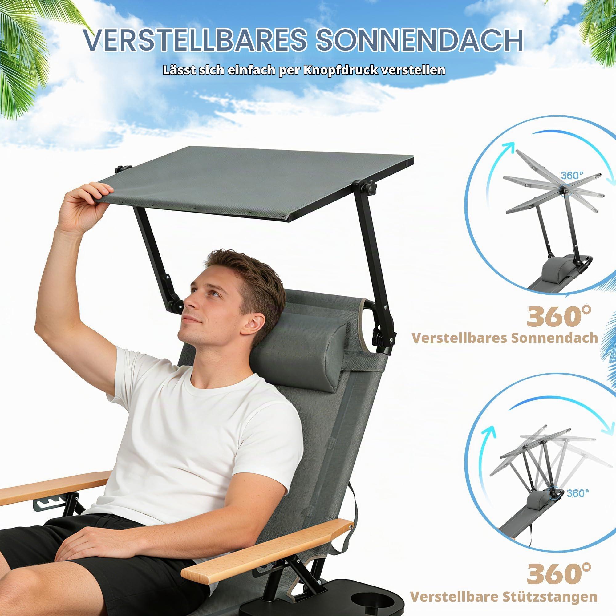 Sonnenliege klappbar mit Dach & 4-Fach Verstellbare Rückenlehne, Gartenliege mit Kopfkissen bis 150 kg, Tragbar Strandliege Liegestuhl, Campingliege für Pool, Strand (Grau mit Dach)