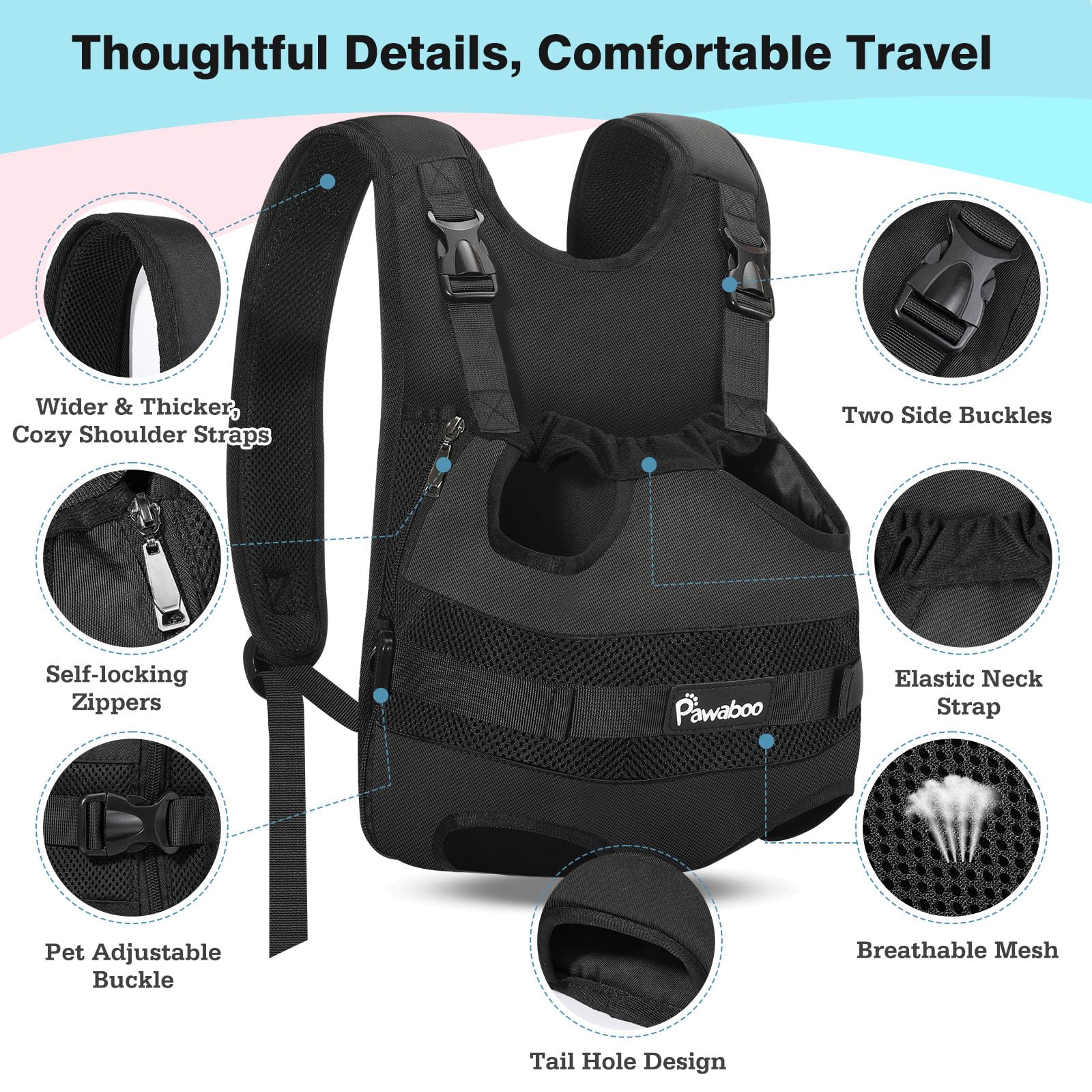 Pawaboo Zaino Frontale per Cani, Trasportino per Cani con Zampe Fuori, Pettorina Regolabile Facile da Indossare per Canis di Taglia Piccola e Media, Mani Libere per Viaggi, Escursioni, XL, Nero