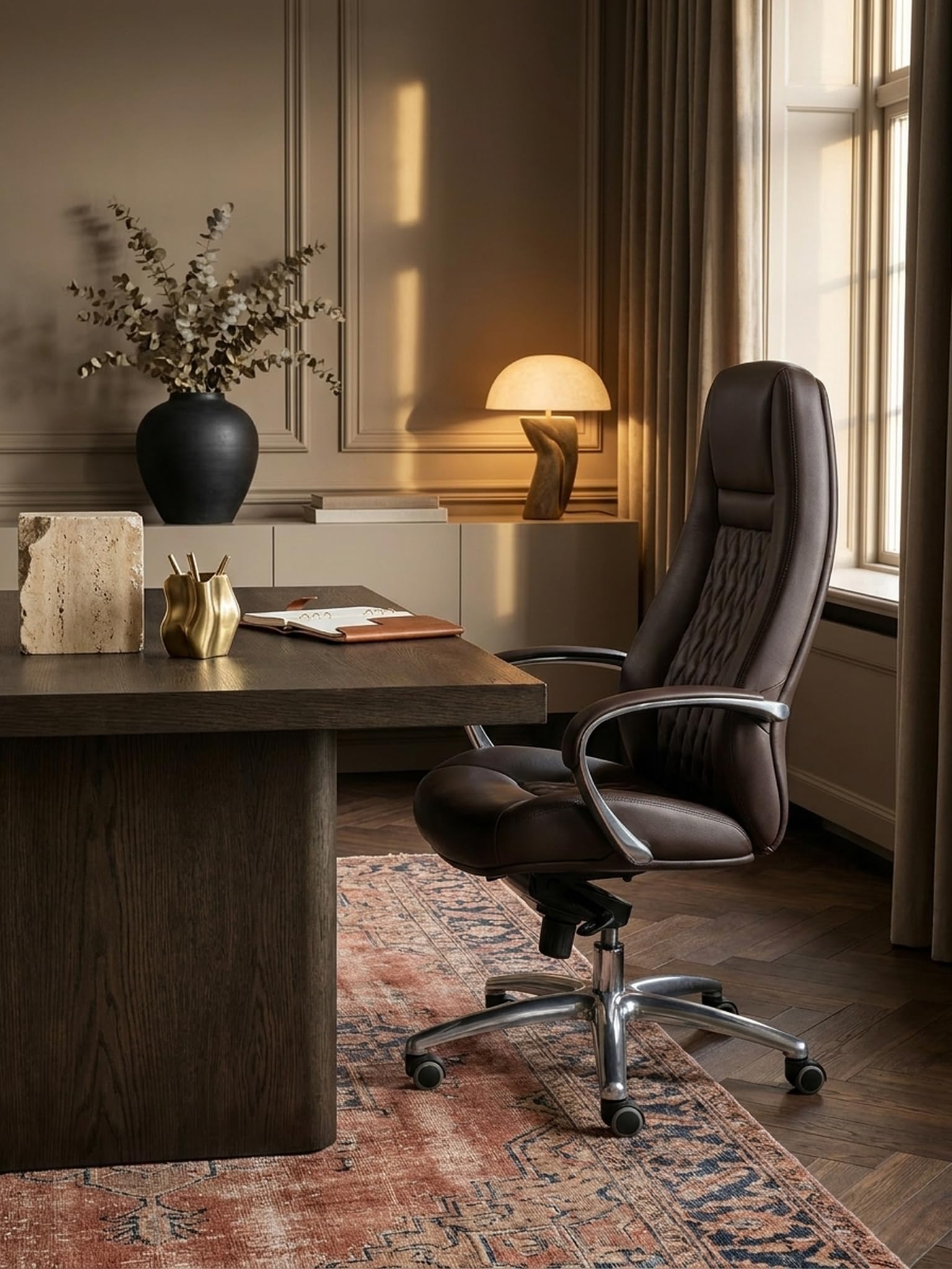 Austin Chaise de bureau en cuir véritable marron 120 kg Fauteuil de bureau à dossier haut avec appui-tête X-XL