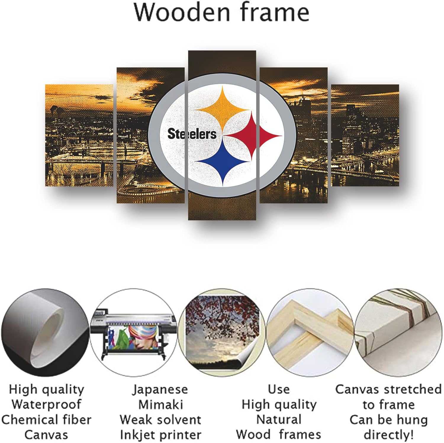 Pittsburgh City Steelers American Football Poster Sports Pattern Canvas Wall Art Print Pattern Artwork Home Decor Large Frame Painting Ready to Hang 5Pcs (Framed,20x30x2pcs+20x45x2pcs+20x60cmx1pcs)