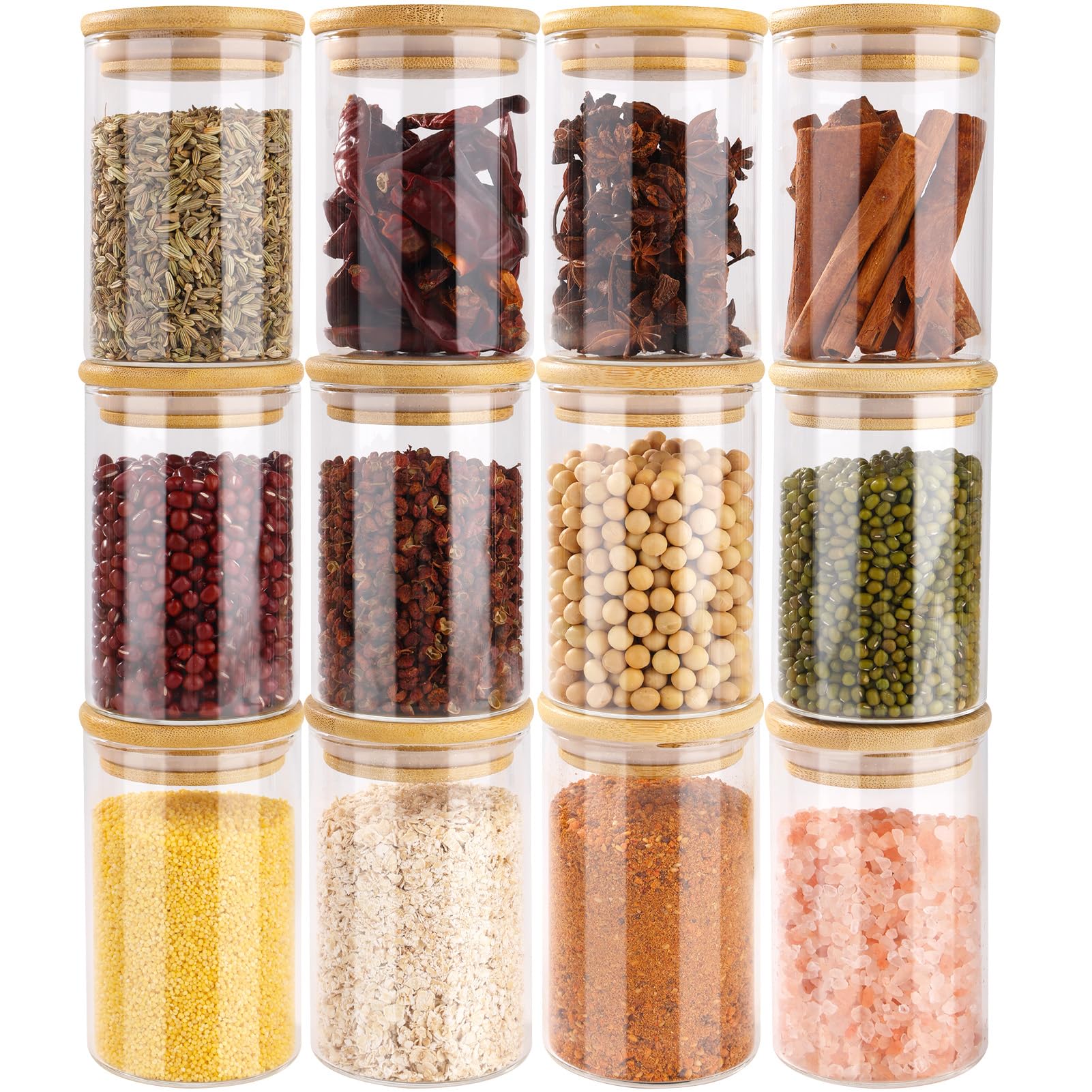 12 Pot a Epices Ronds, 250ml Bocaux à Épices en Verre et Bois, Bocaux en Verre Hermetique Récipient à épices, Boite Epices Cuisine Rangement, ⌀6,5cm x 10,5cm