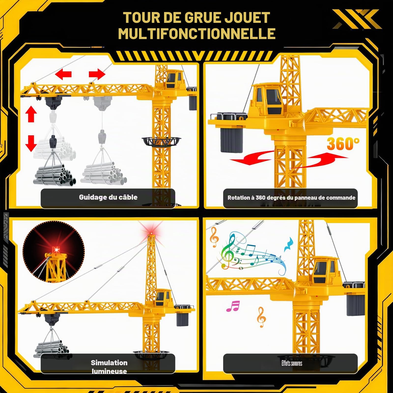HILKKET Grue à Tour Télécommandée 138 cm, 2,4 GHz RC Grue à Tour Enfant, Gru Crane De Chantier, 680 Degrés de Rotation Gru de Chantier Enfant avec Camion à Benne basculante RC pour Les Garçon