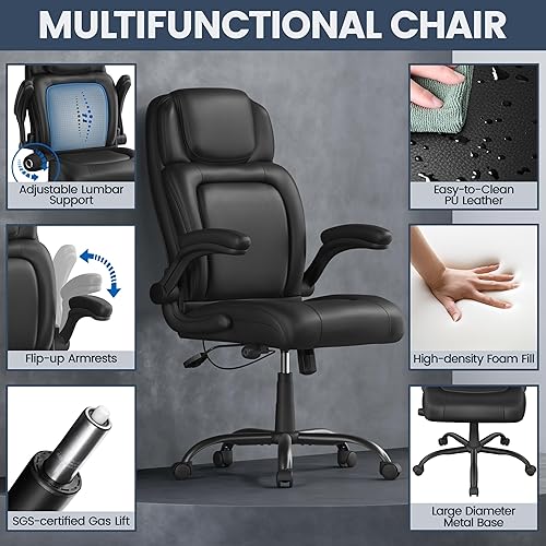 Miniatura 4 de Yaheetech Silla de oficina ejecutiva de piel sintética con reposabrazos abatibles, soporte lumbar ajustable, silla de escritorio ergonómica, grande