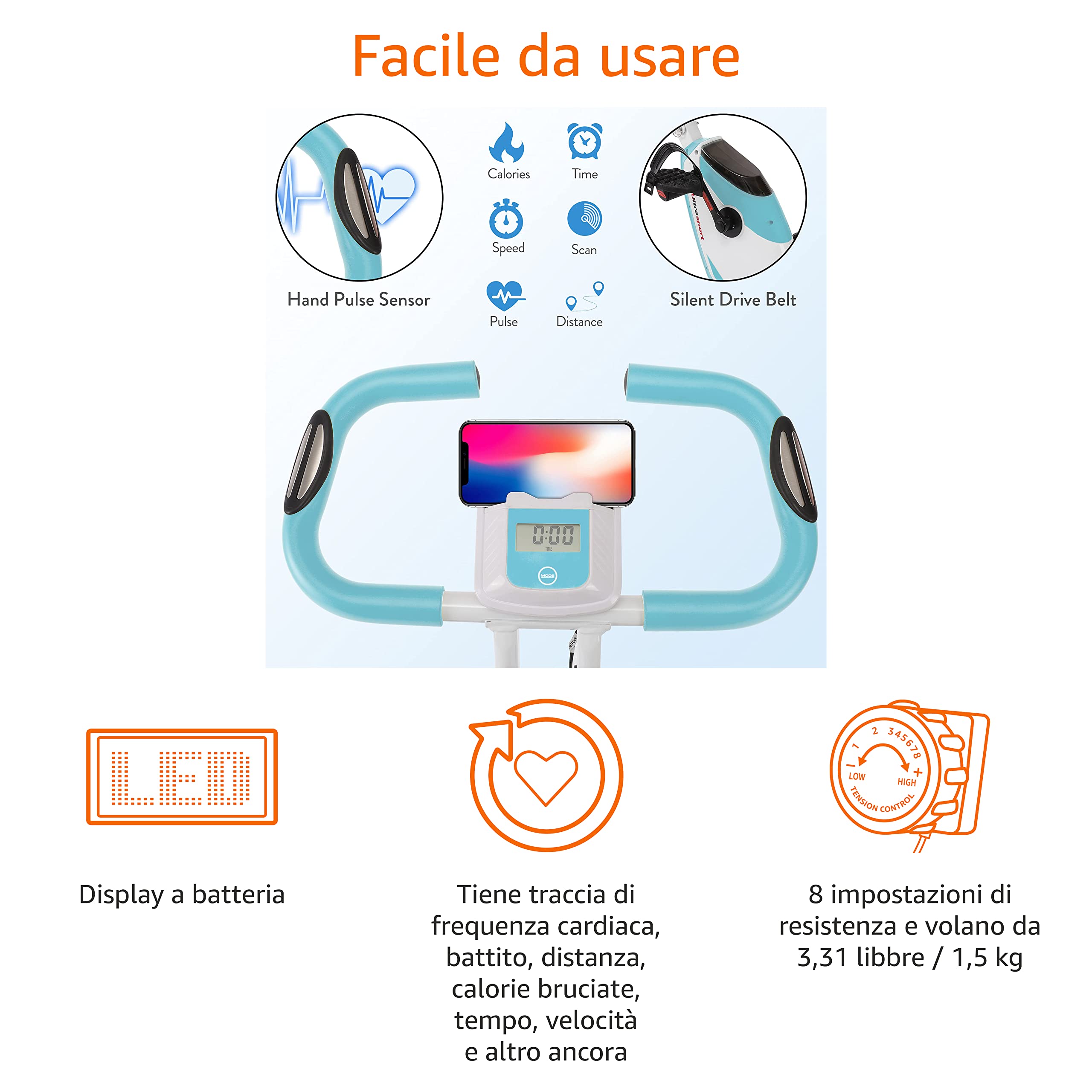 Ultrasport F-Bike Cyclette da Casa Pieghevole I Cyclette Pieghevole da Casa fino a 130 KG con Sella Extra Confortevole, LCD Display e Sensori delle Pulsazioni, Cyclette da Camera