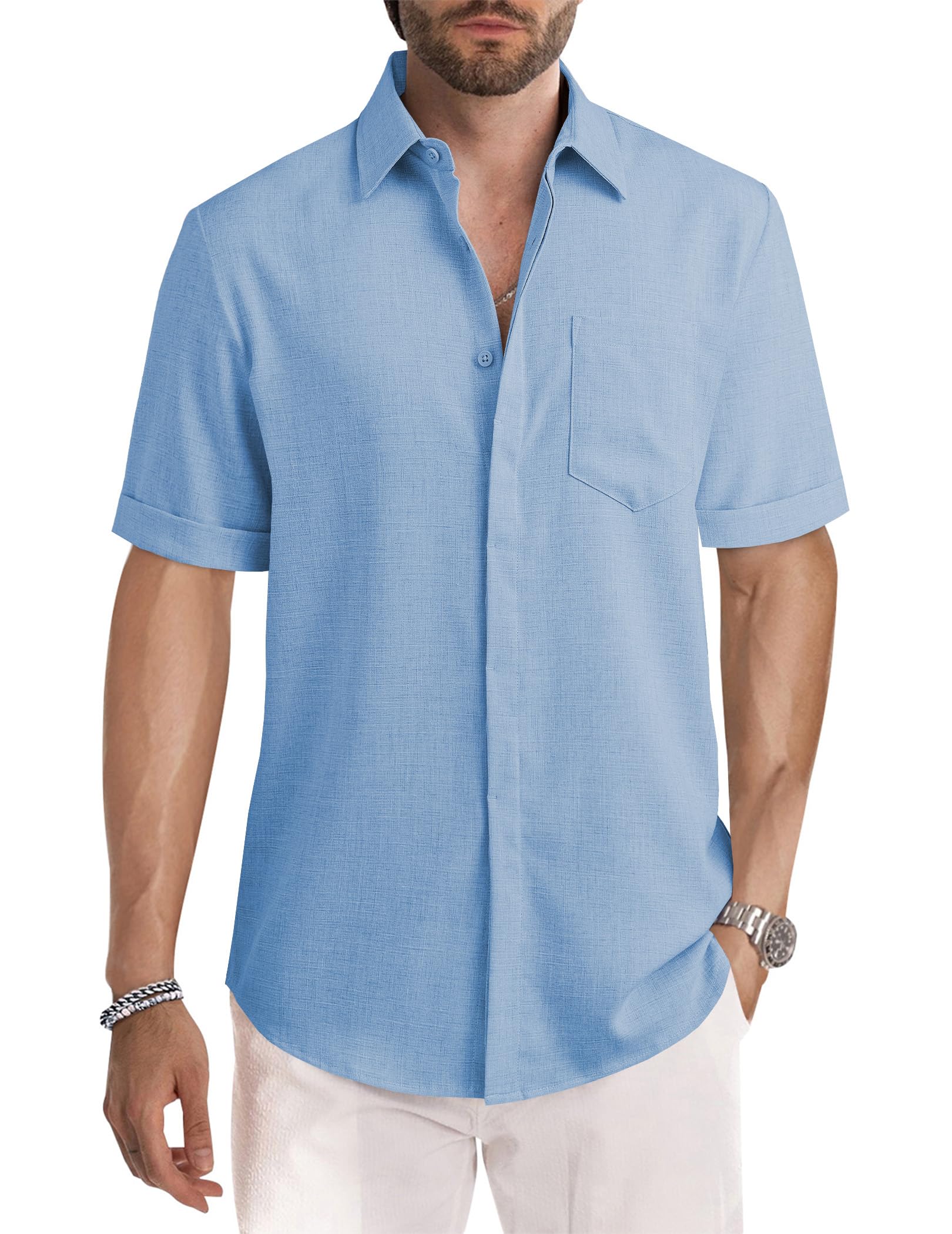 JMIERR Men's Casual Stylish Short Sleeve Button-Up Striped Dress Shirts Cotton Beach Shirt