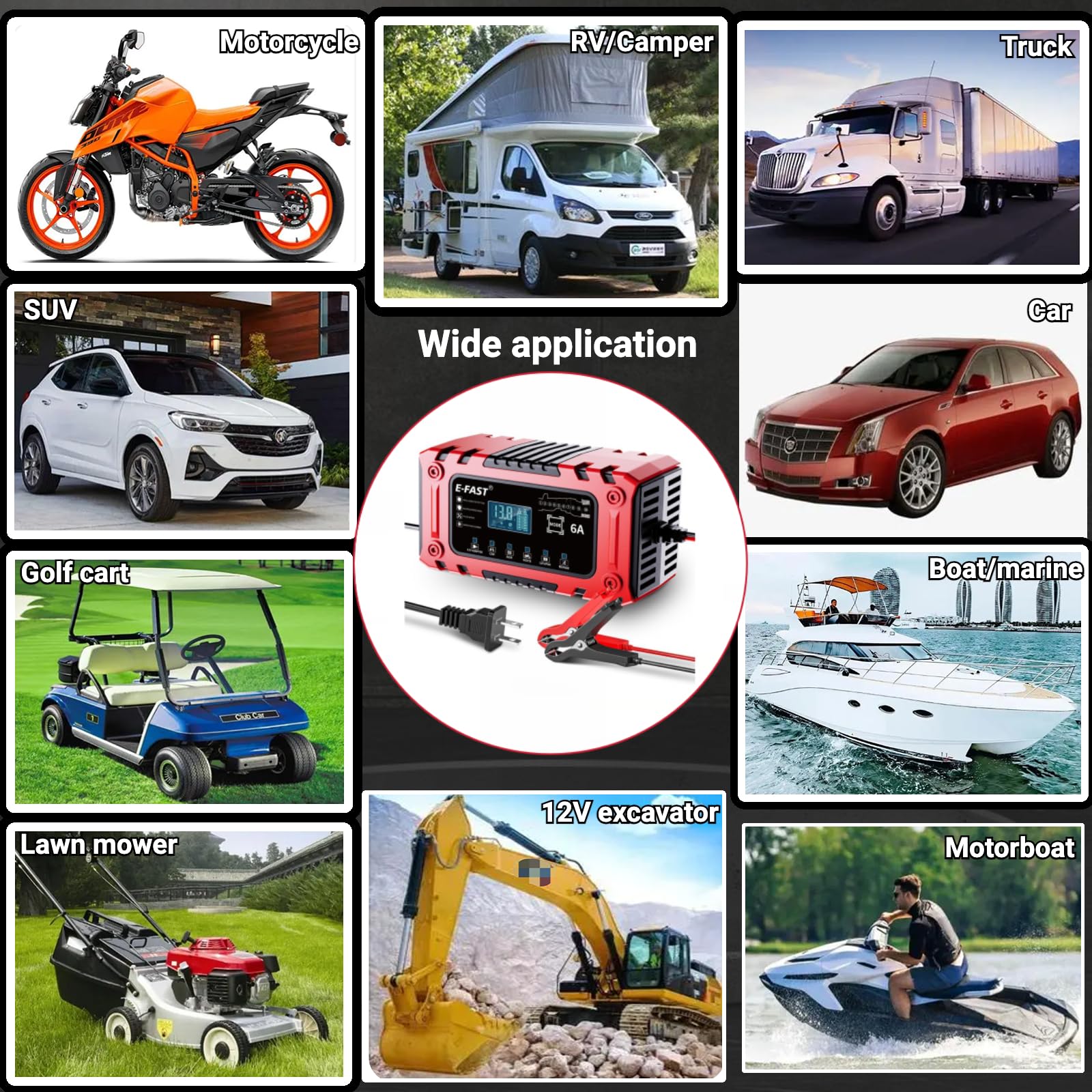 Ładowarka samochodowa 12 V 6 A Smart Car Battery Charger & Maintenancer -10-stopniowa automatyczna ładowarka podtrzymująca z odsiarczaczem do akumulatorów samochodowych,motocyklowych,LiFePo4 Lead-Acid