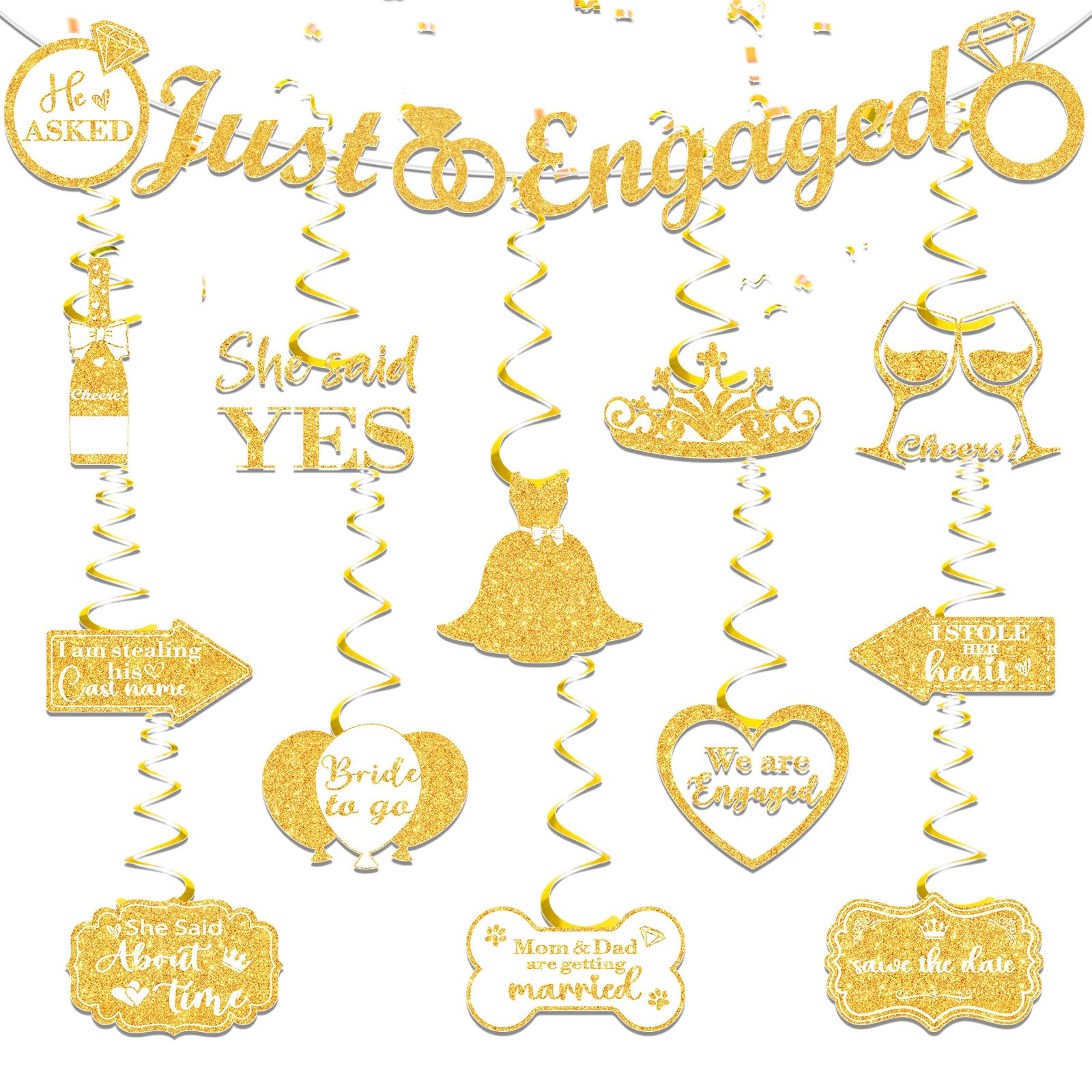 Engaged Decorations Just Engaged Banner with Hanging Swirls Gold Wedding Engagement Sign Happy Engagement Banner Glitter Engaged Hanging Swirl Engagement Banners Wedding Shower Bride to Be Decorations
