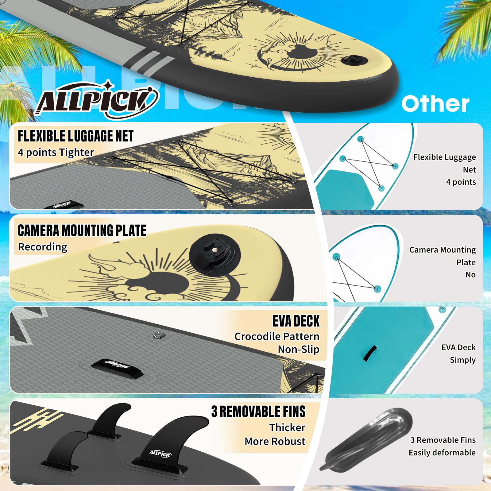 ALLPICK Sup Gonfiabile, Stand Up Paddle Board Gonfiabile, Con Supporto Universale per Fotocamera, Accessori Completi, Tavola da Sup Surf, Principianti e Avanzati, 150kg/180kg